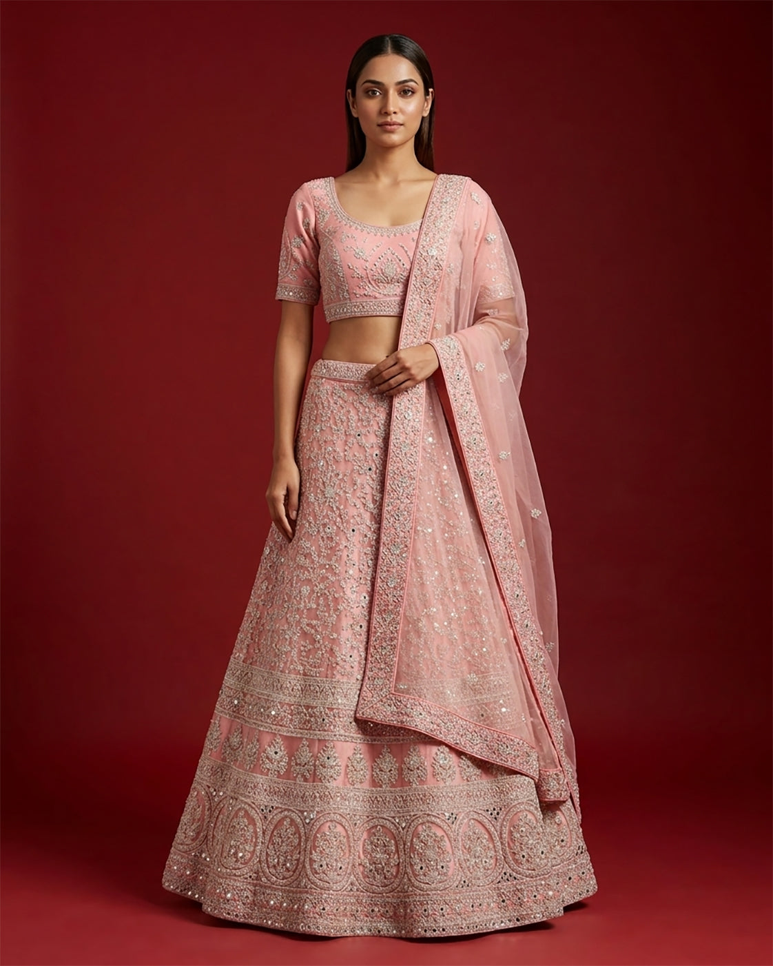 Pink Banarasi Silk Womens Lehenga set featuring Embroidered Choli paired with Pink Embroidered Skirt with Embroidered Border and a Embroidered dupatta in Pink