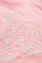 Close up blouse image of Pink Banarasi Silk Womens Lehenga set featuring Embroidered Choli paired with Pink Embroidered Skirt with Embroidered Border and a Embroidered dupatta in Pink