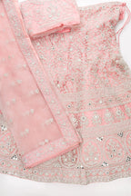 Flat lay of Pink Banarasi Silk Womens Lehenga set featuring Embroidered Choli paired with Pink Embroidered Skirt with Embroidered Border and a Embroidered dupatta in Pink