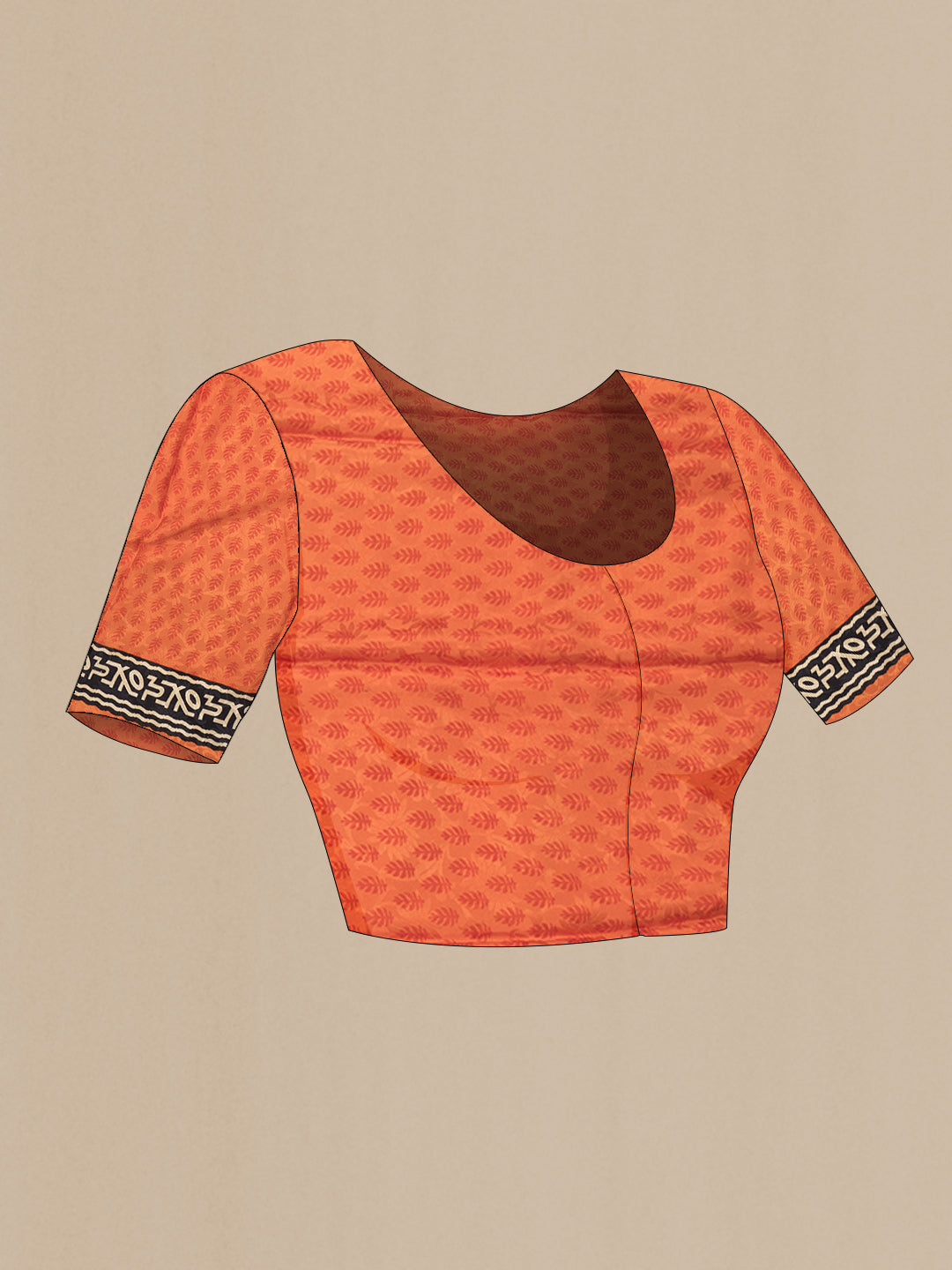 Close up image of the blouse of Orange Dual Tone Mysore Crepe Saree with Printed design on the body and Printed Border. 