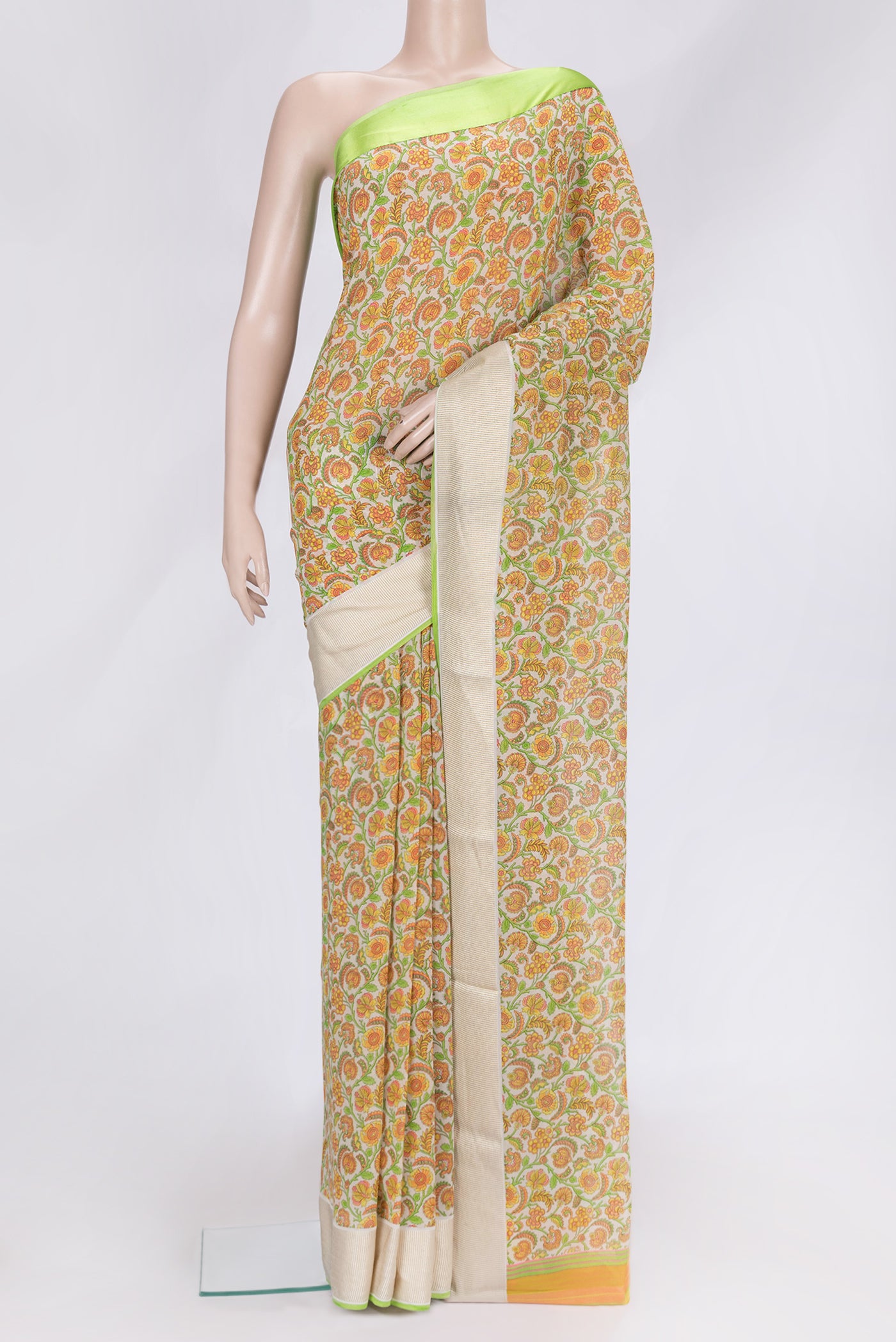 Beige Dual Tone Mysore Georgette Saree with Printed design on the body and Zari And Thread Border.  displayed on a mannequin