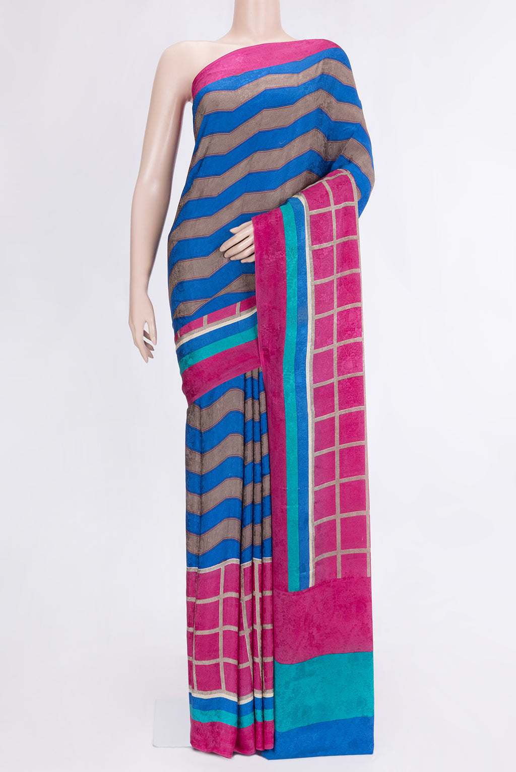 Pink Dual Tone Mysore Crepe Saree with Printed design on the body and Printed Border.  displayed on a mannequin