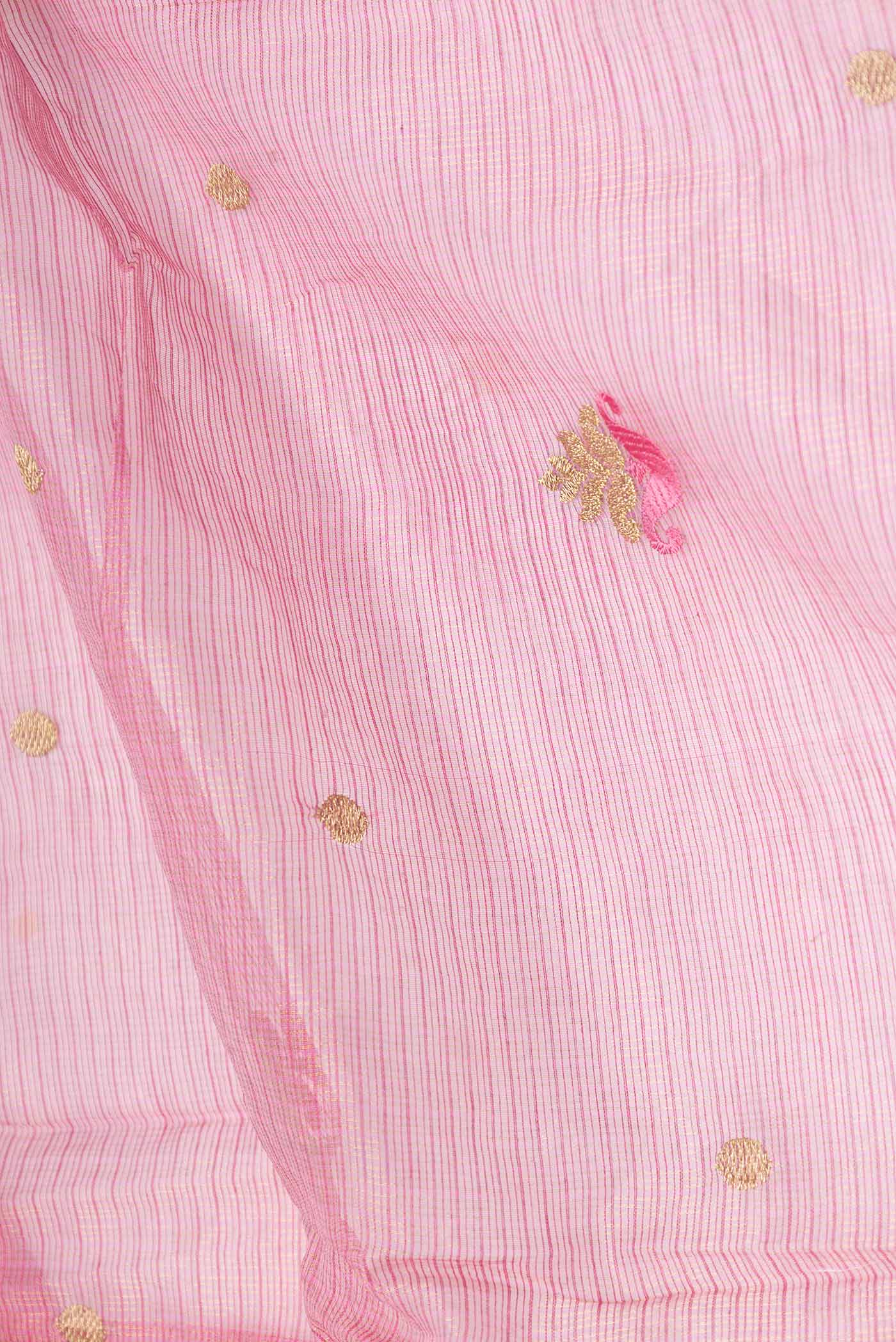 Close up of Pink Dual Tone Kota Silk Saree with Embroidery on the body and Embroidery Border displaying folds