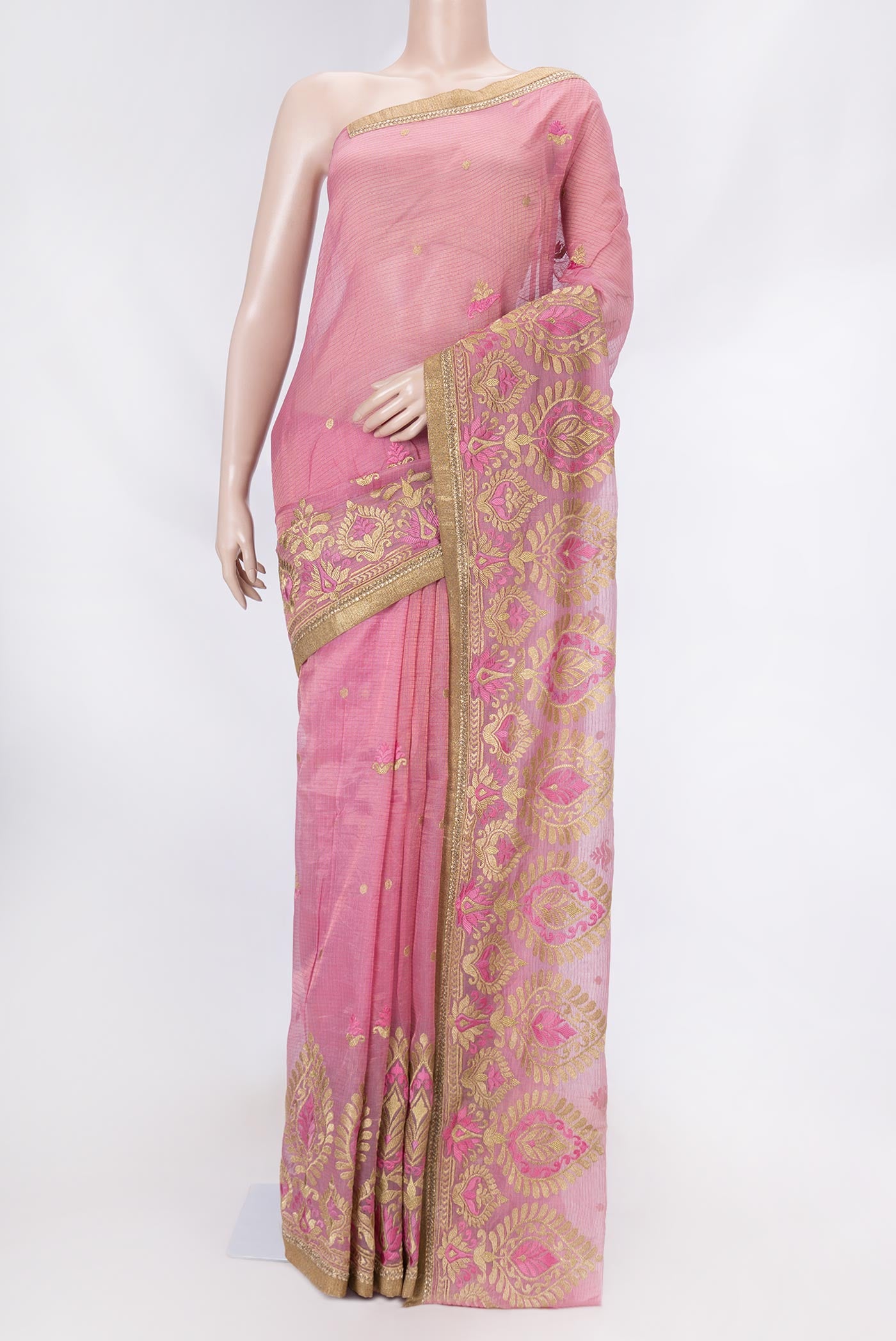Pink Dual Tone Kota Silk Saree with Embroidery on the body and Embroidery Border displayed on a mannequin