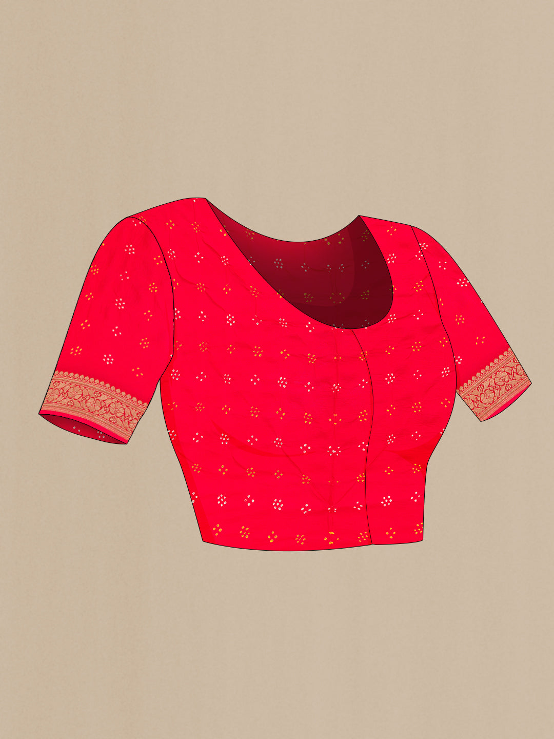 Close up image of the blouse of Pink and Red Color Banarasi Georgette Saree with Bandhani Print on the body and Zari Border. 