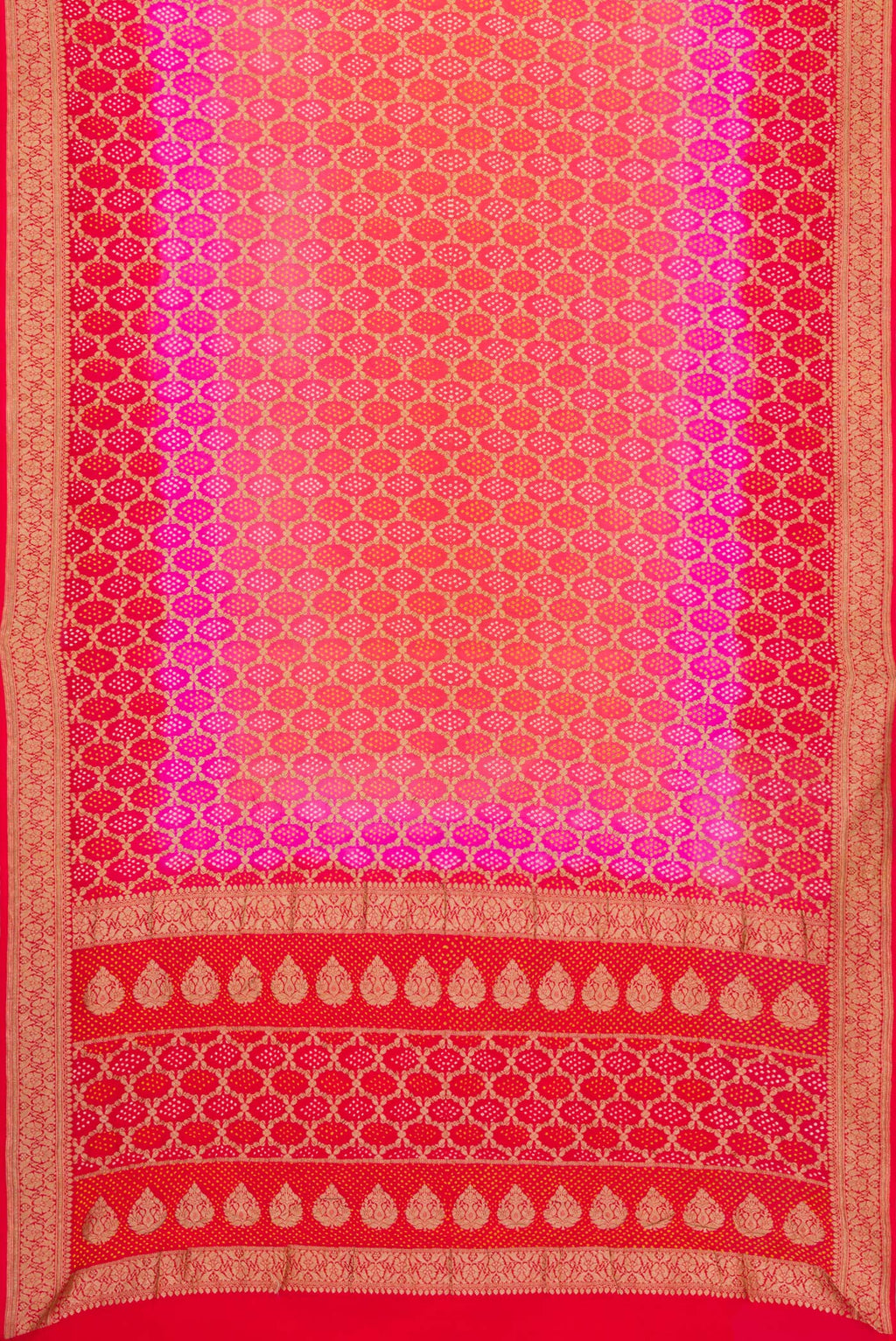 Flat view of Pink and Red Color Banarasi Georgette Saree with Bandhani Print on the body and Zari Border. 