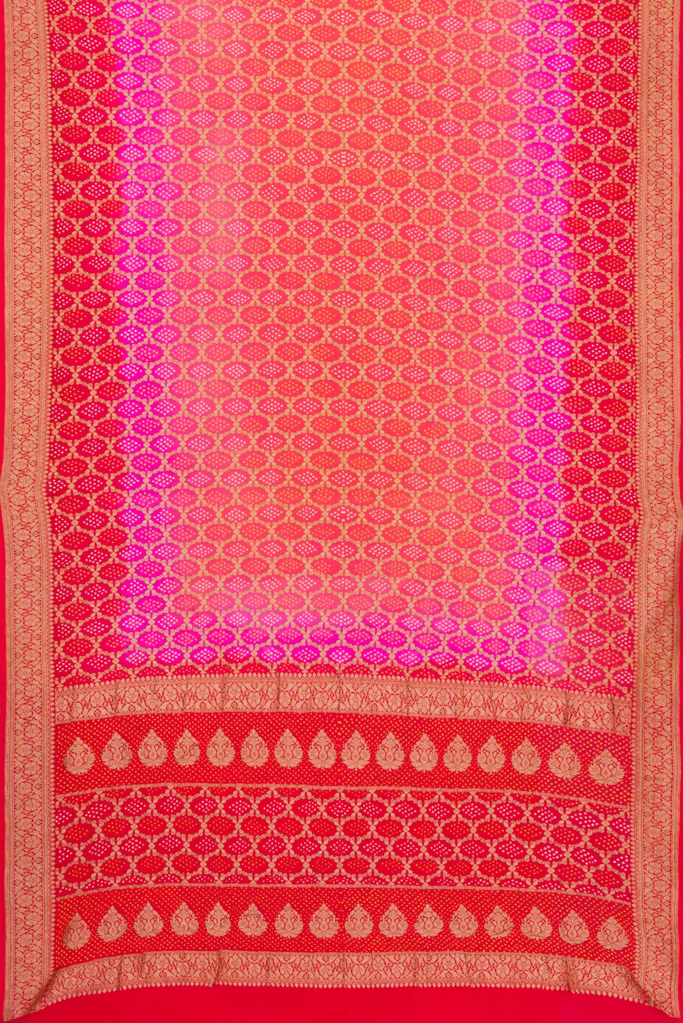 Flat view of Pink and Red Color Banarasi Georgette Saree with Bandhani Print on the body and Zari Border. 