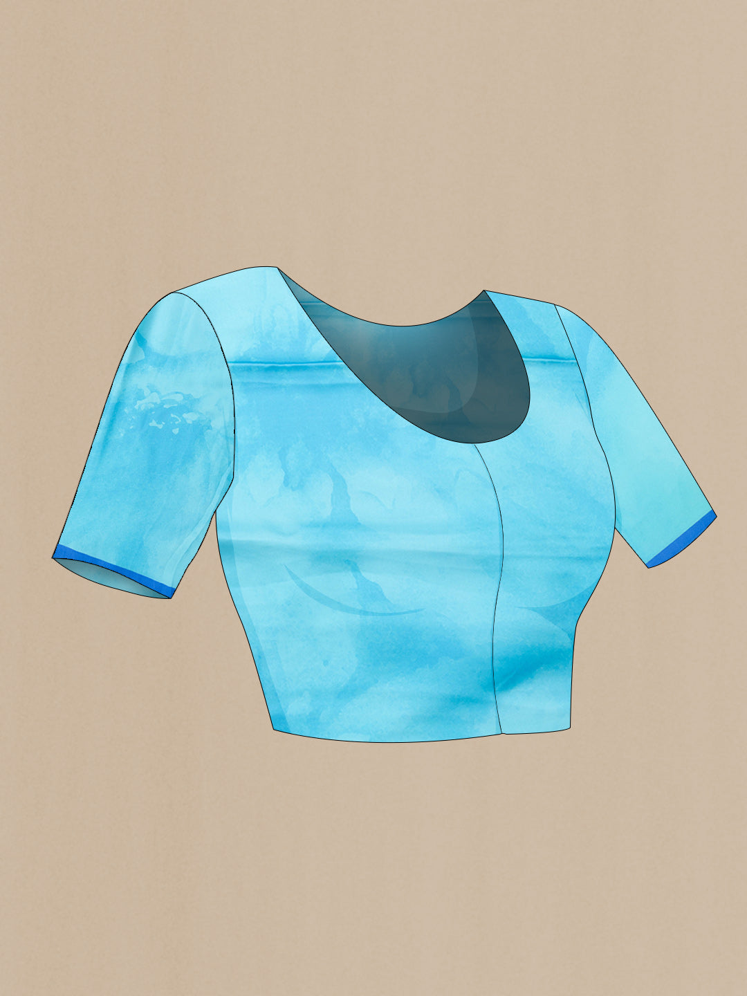 Close up image of the blouse of Sky Blue Dual Tone Mysore Crepe Saree with Printed design on the body and Plain Border. 