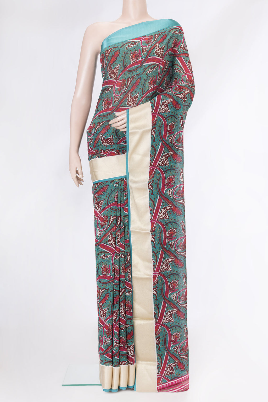 Green Dual Tone Mysore Georgette Saree with Printed design on the body and Plain Border.  displayed on a mannequin