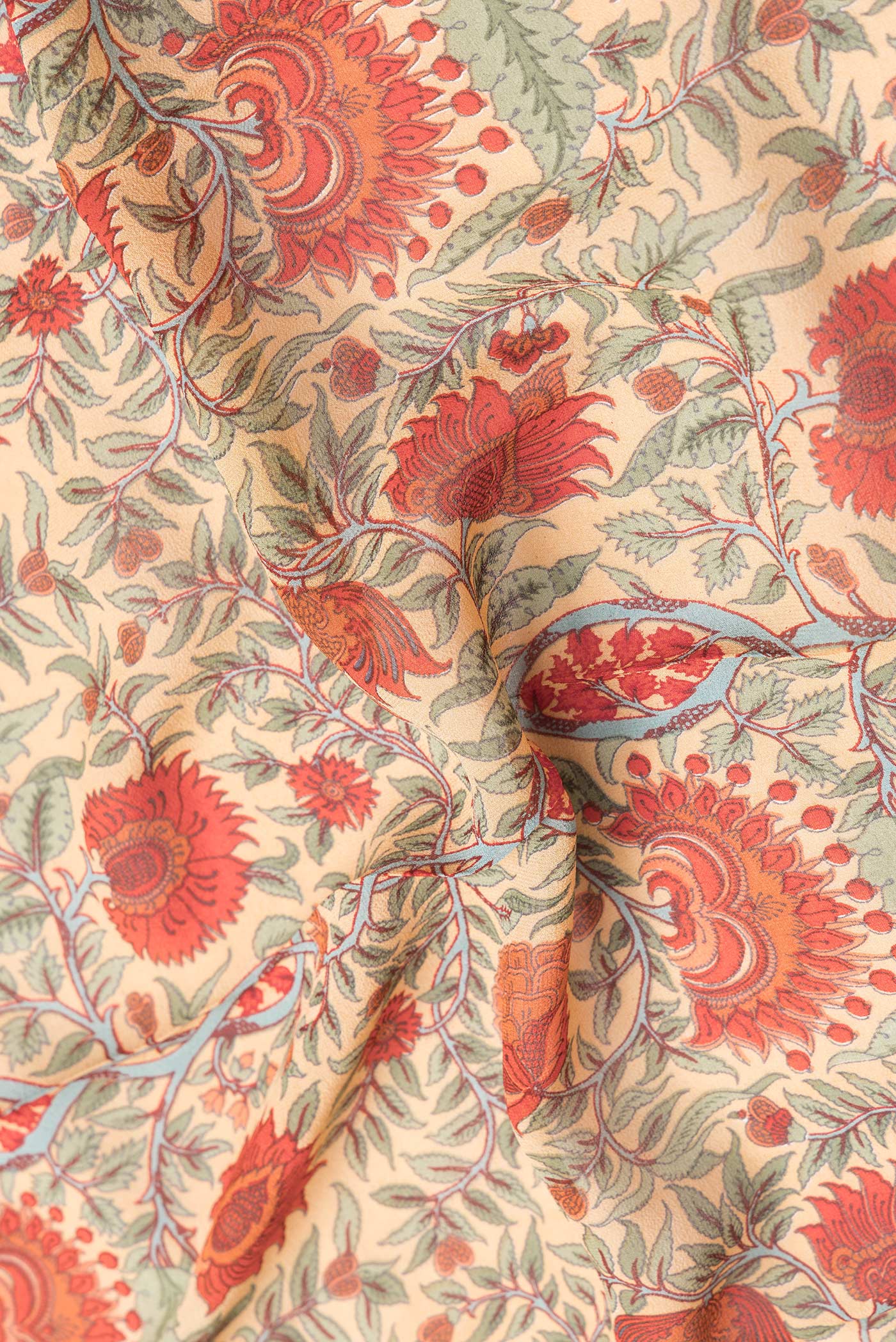 Close up of Sandal Dual Tone Mysore Georgette Saree with Printed design on the body and Zari Border.  displaying folds