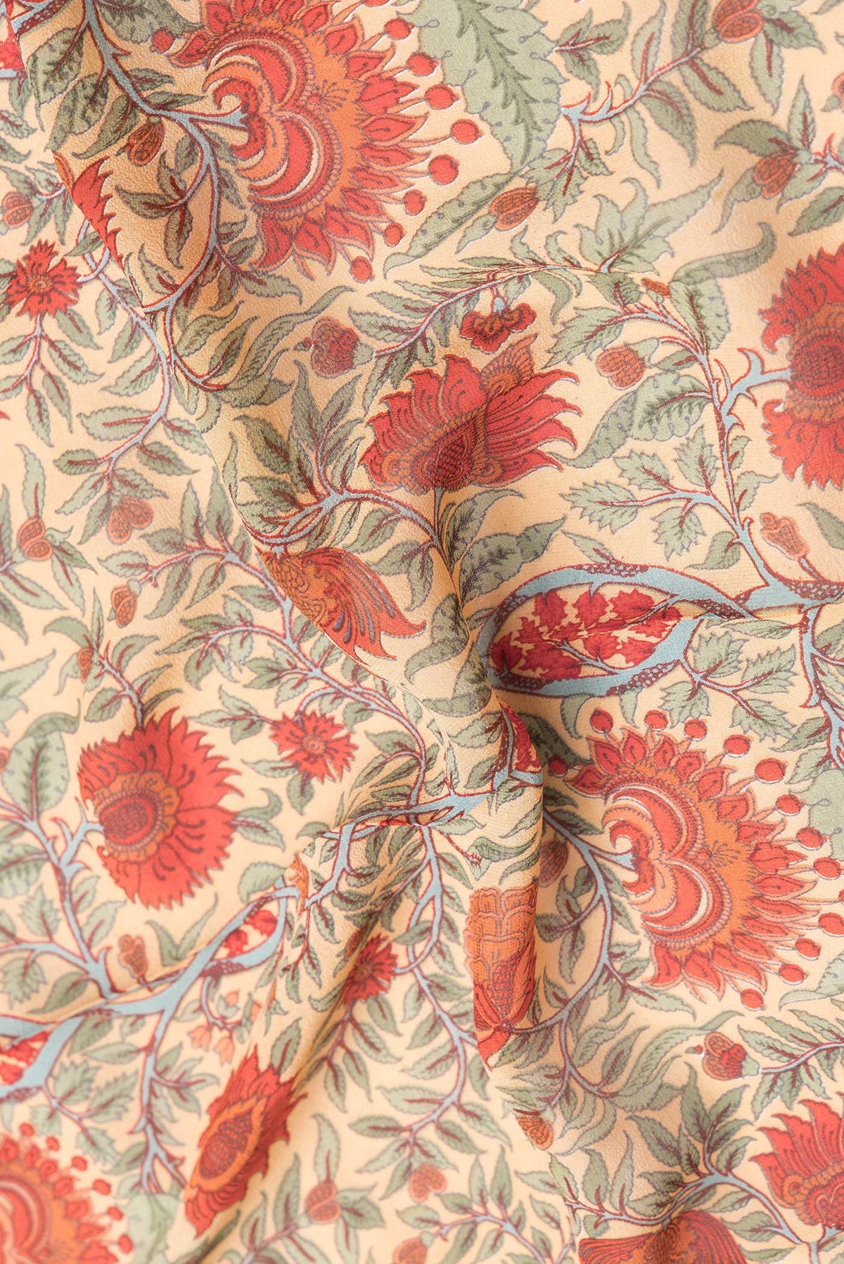 Close up of Sandal Dual Tone Mysore Georgette Saree with Printed design on the body and Zari Border.  displaying folds