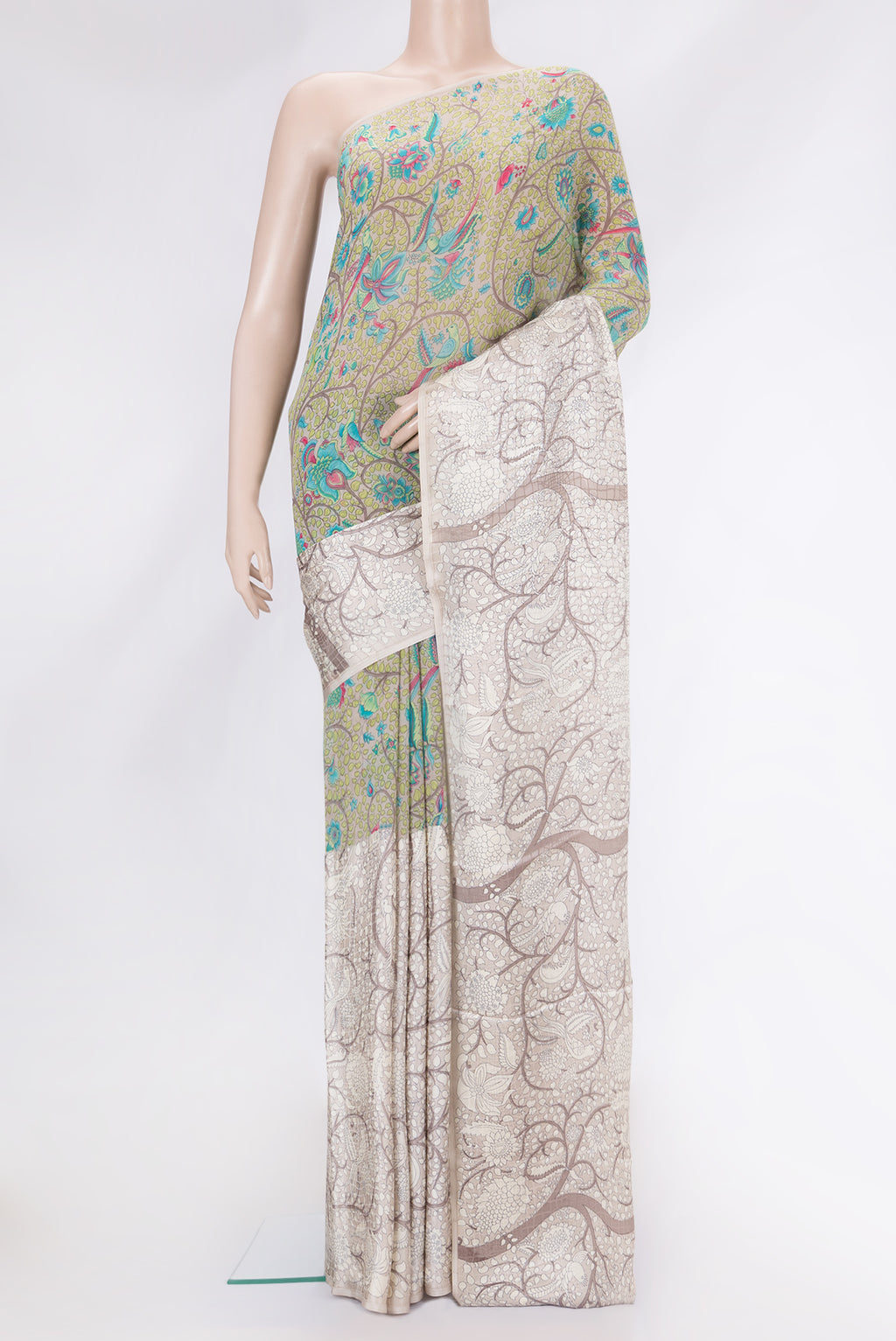 Grey Dual Tone Mysore Crepe Saree with Printed design on the body and Without Border.  displayed on a mannequin