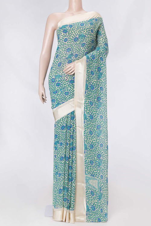 Beige Dual Tone Mysore Crepe Saree with Printed design on the body and Zari Border displayed on a mannequin