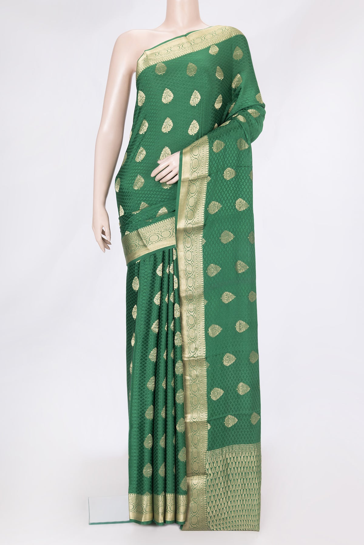 Bottle Green Dual Tone Georgette Saree with Jacquard With Zari Butta on the body and Zari Border.  displayed on a mannequin