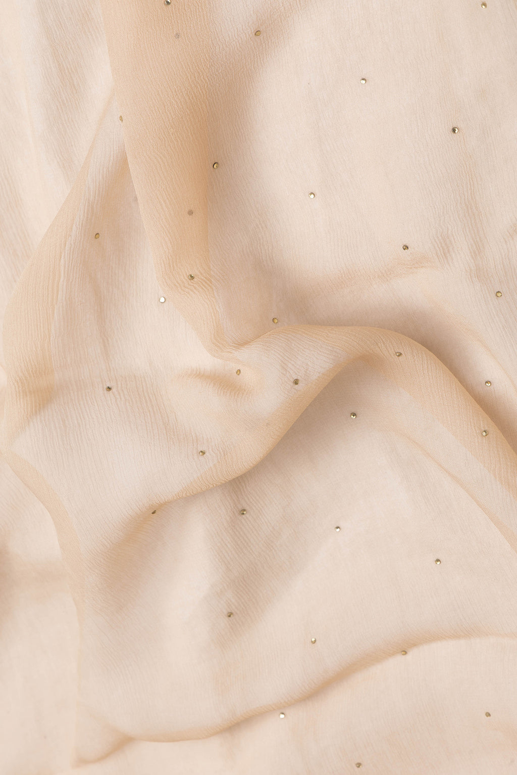 Close up of Beige Dual Tone Mysore Chiffon Saree with Embroidery on the body and Fancy Border.  displaying folds
