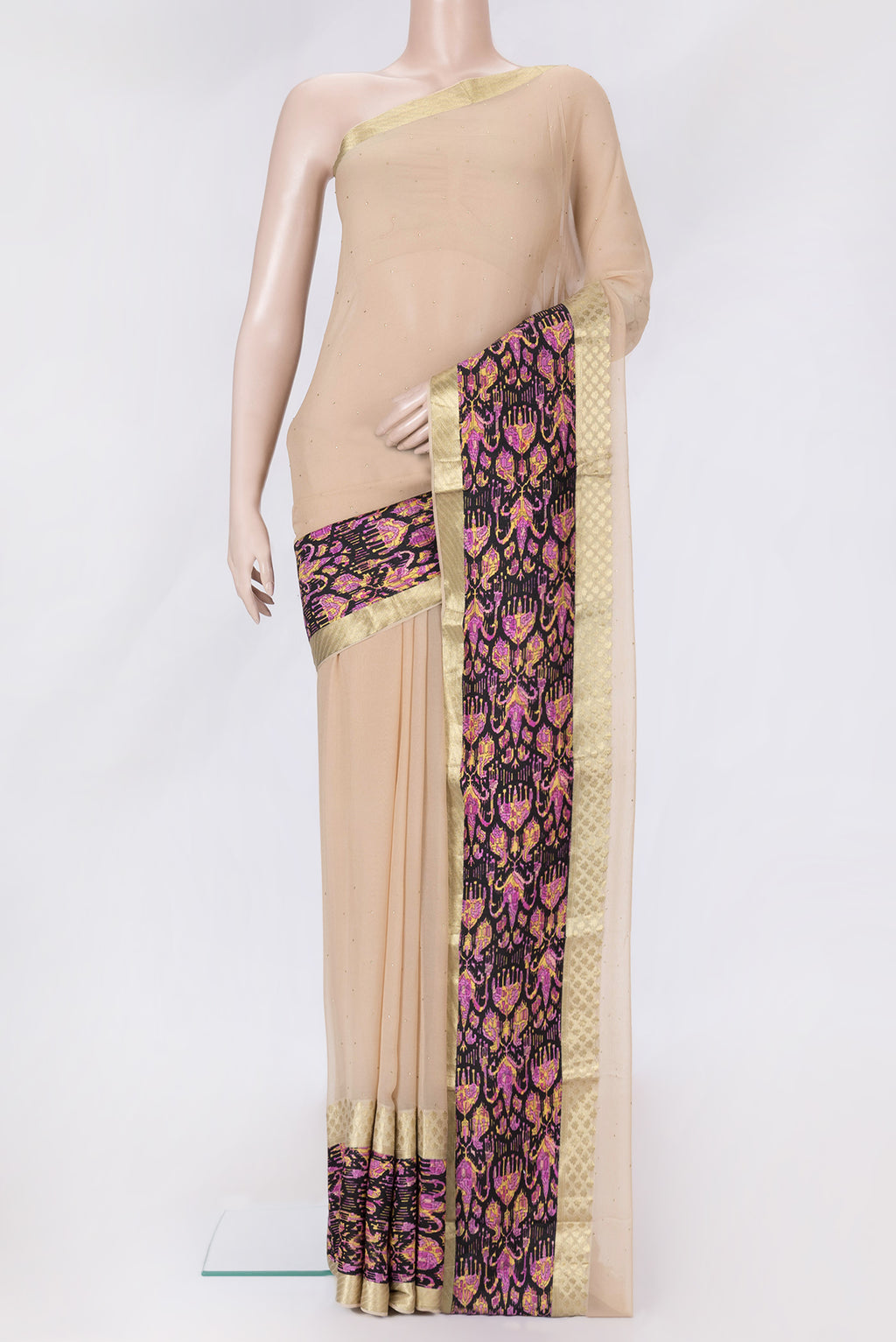 Beige Dual Tone Mysore Chiffon Saree with Embroidery on the body and Fancy Border.  displayed on a mannequin