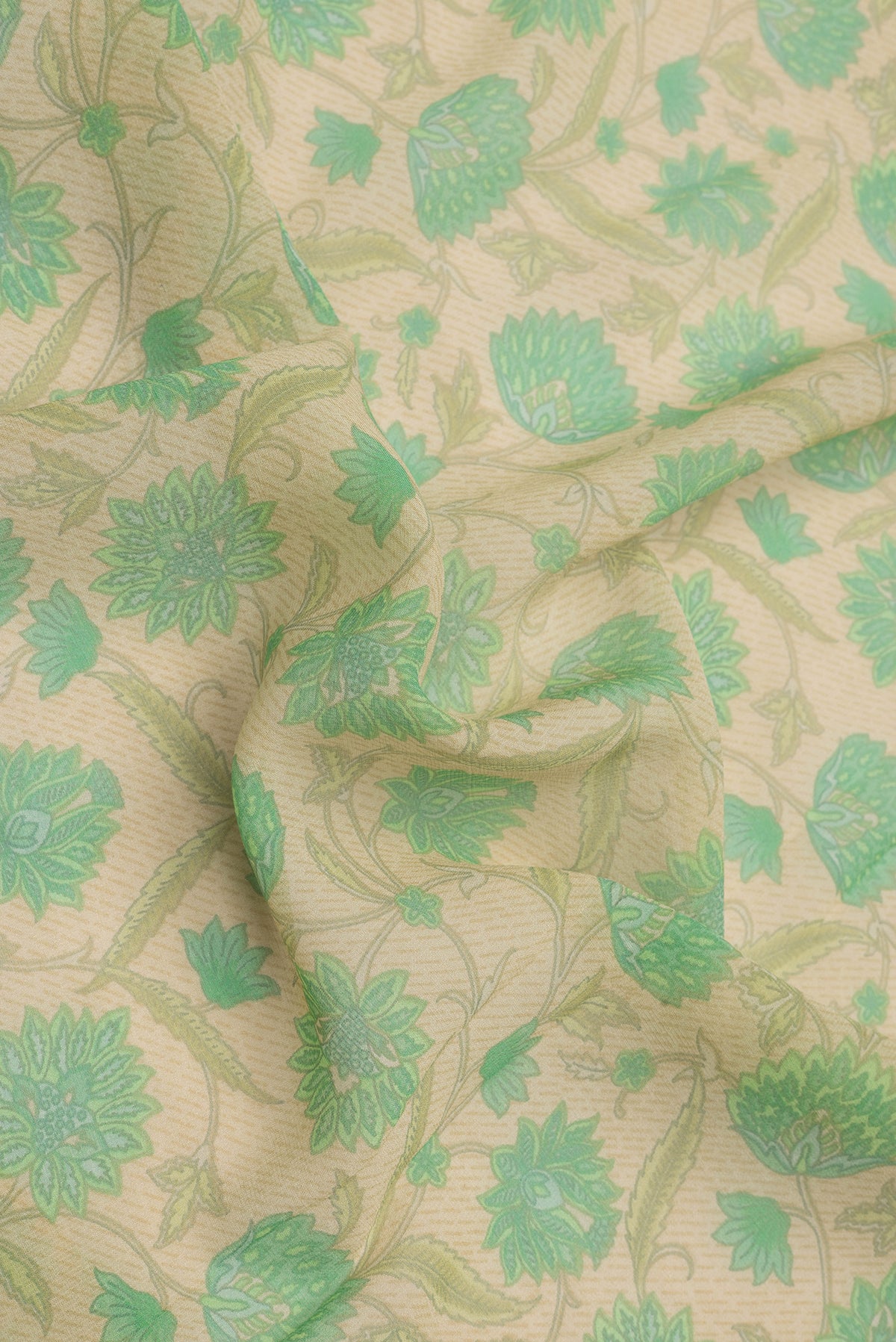 Close up of Sandal Dual Tone Mysore Georgette Saree with Printed design on the body and Zari Border.  displaying folds