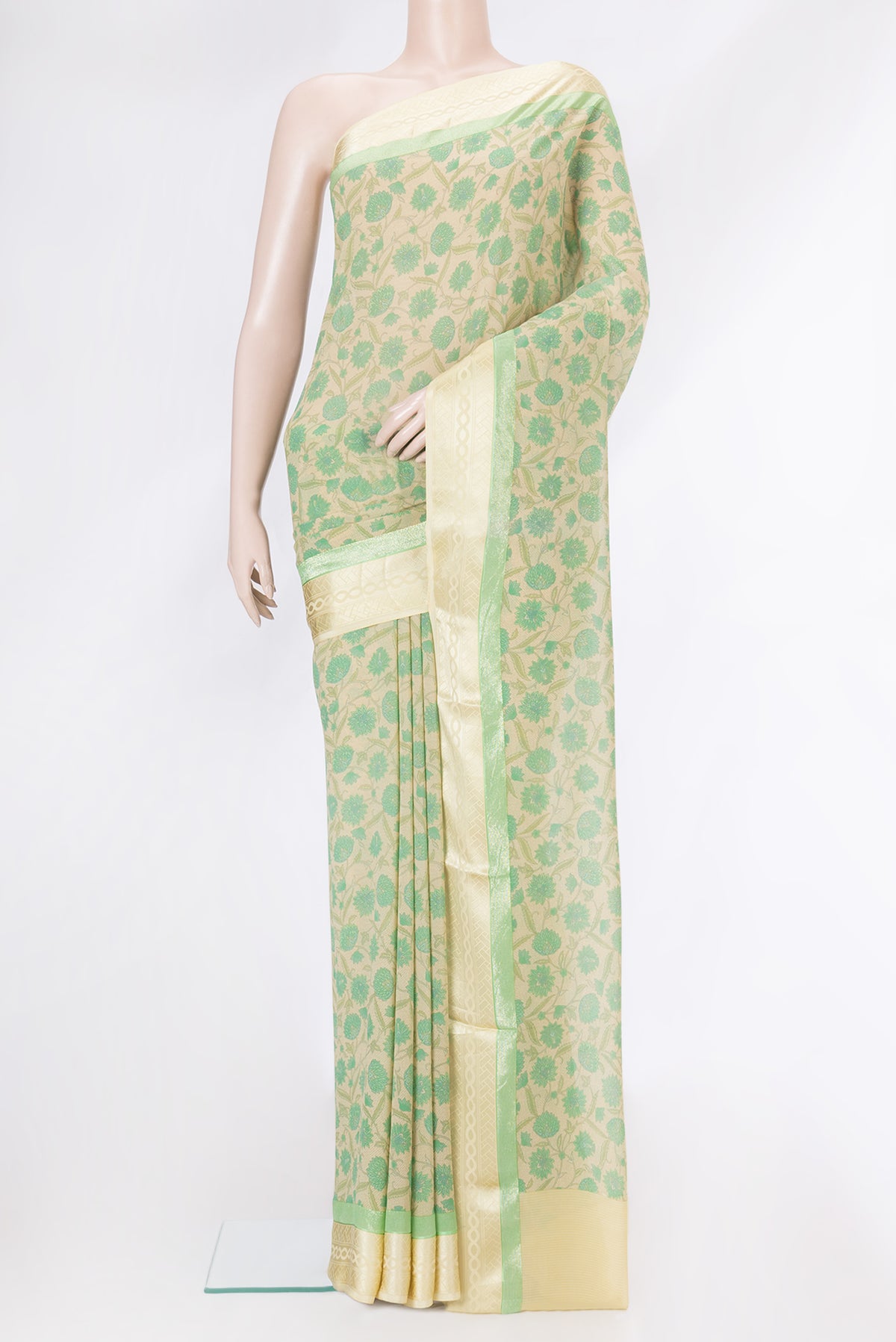 Sandal Dual Tone Mysore Georgette Saree with Printed design on the body and Zari Border.  displayed on a mannequin