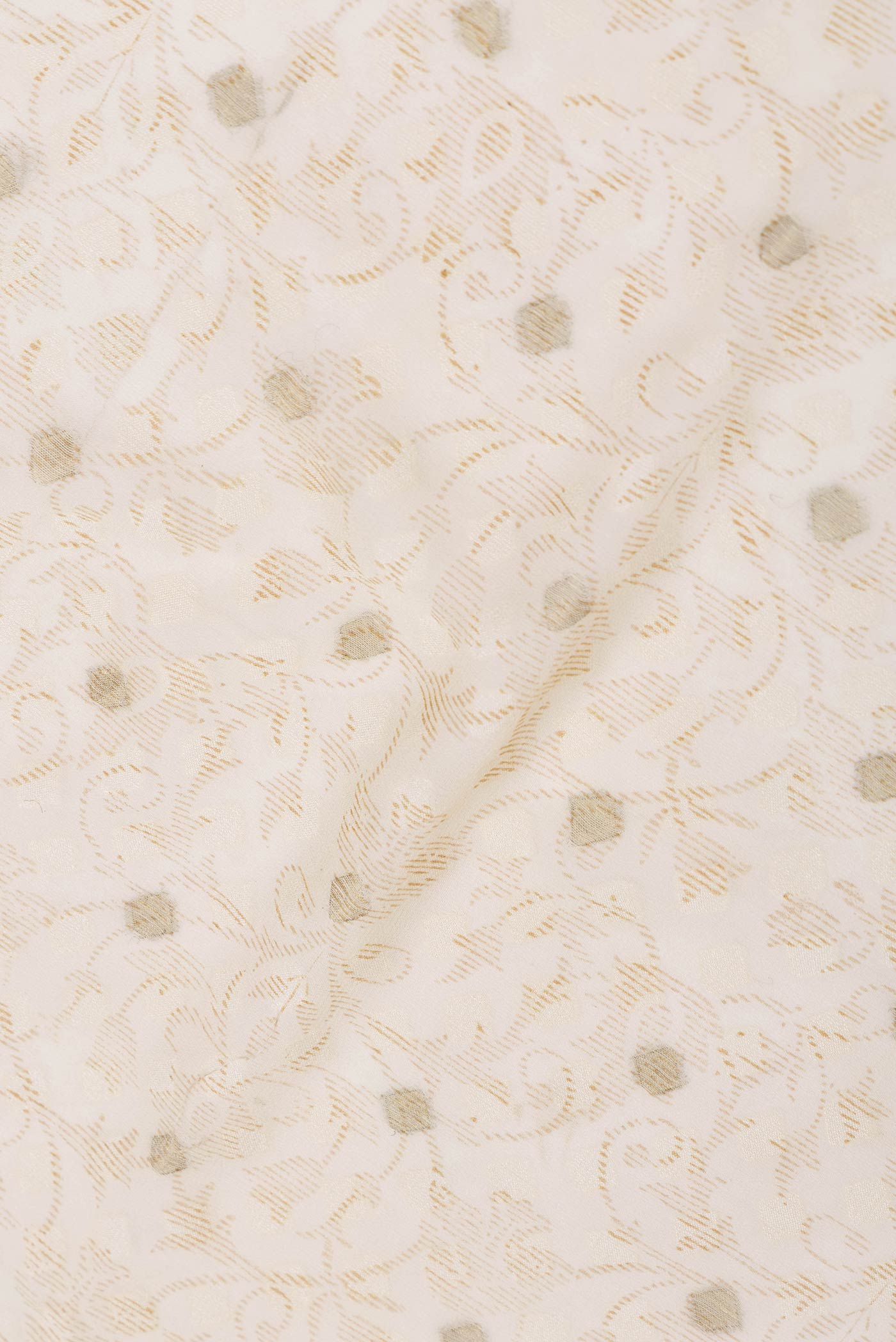 Close up of Cream Mysore Georgette Saree with Thread Butta on the body and Zari Border displaying folds