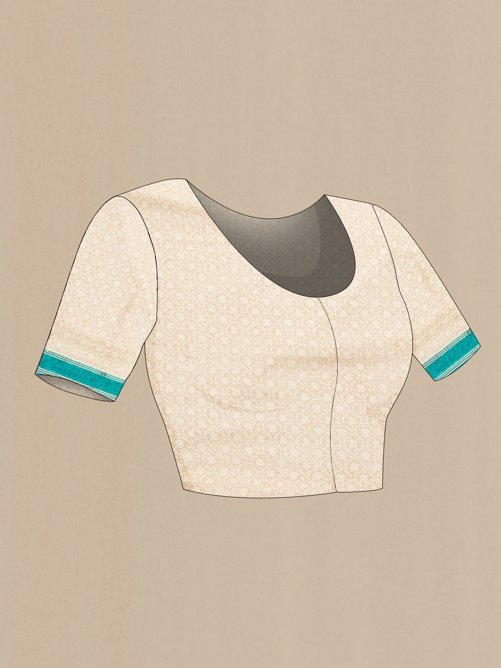 Close up image of the blouse of Beige Dual Tone Mysore Georgette Saree with Zari Butta on the body and Zari Border. 