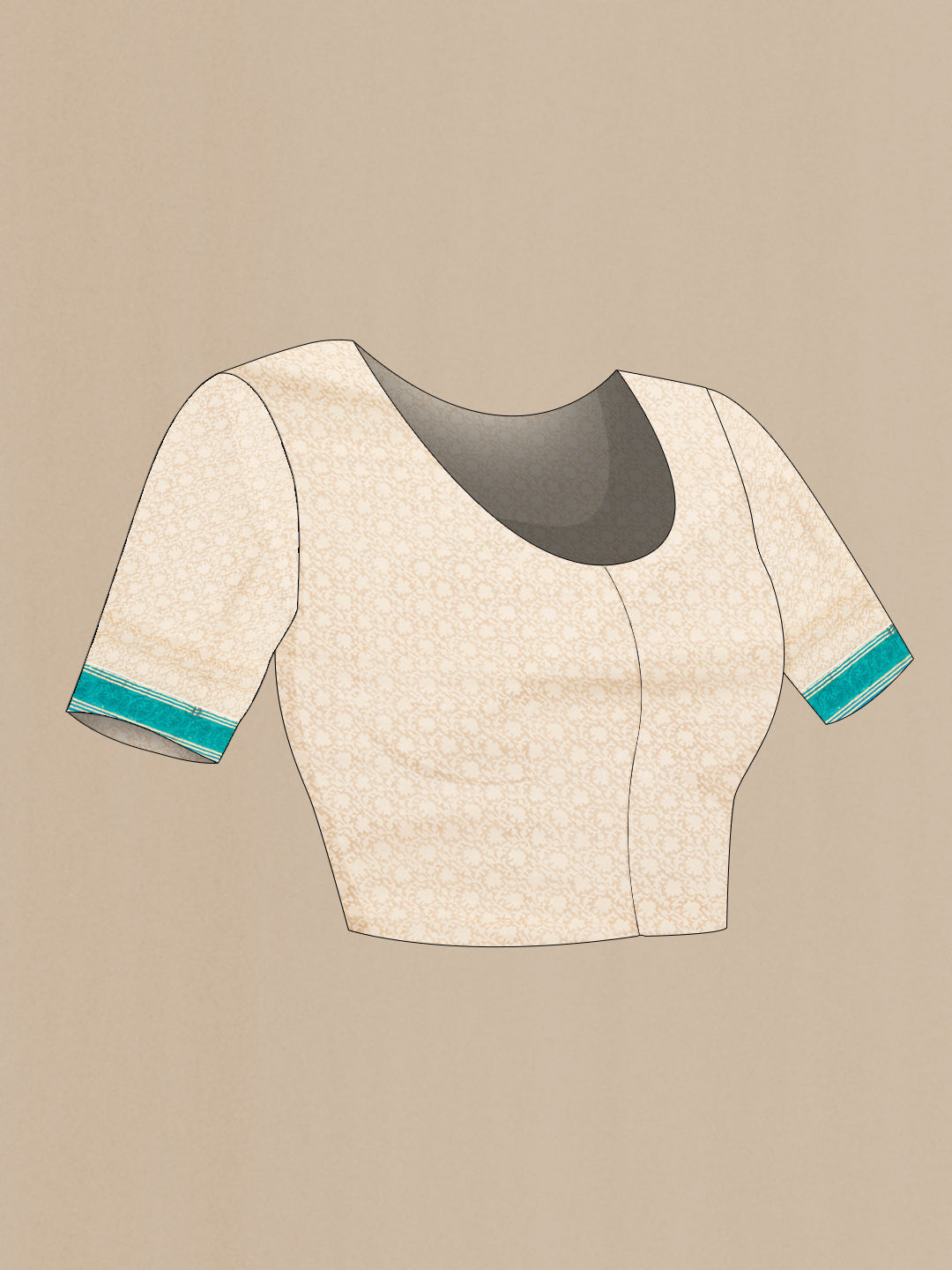 Close up image of the blouse of Beige Dual Tone Mysore Georgette Saree with Zari Butta on the body and Zari Border. 