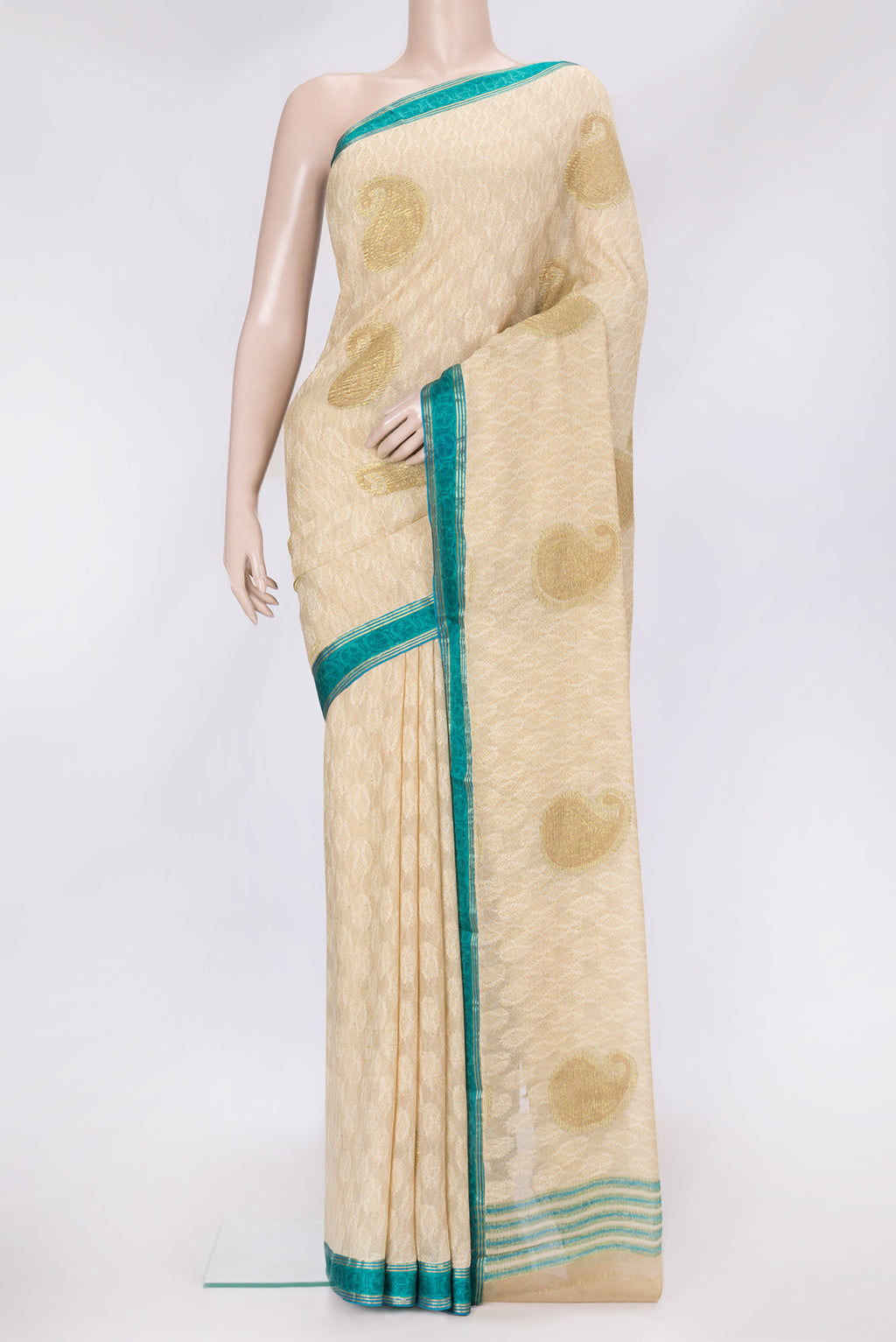 Beige Dual Tone Mysore Georgette Saree with Zari Butta on the body and Zari Border.  displayed on a mannequin