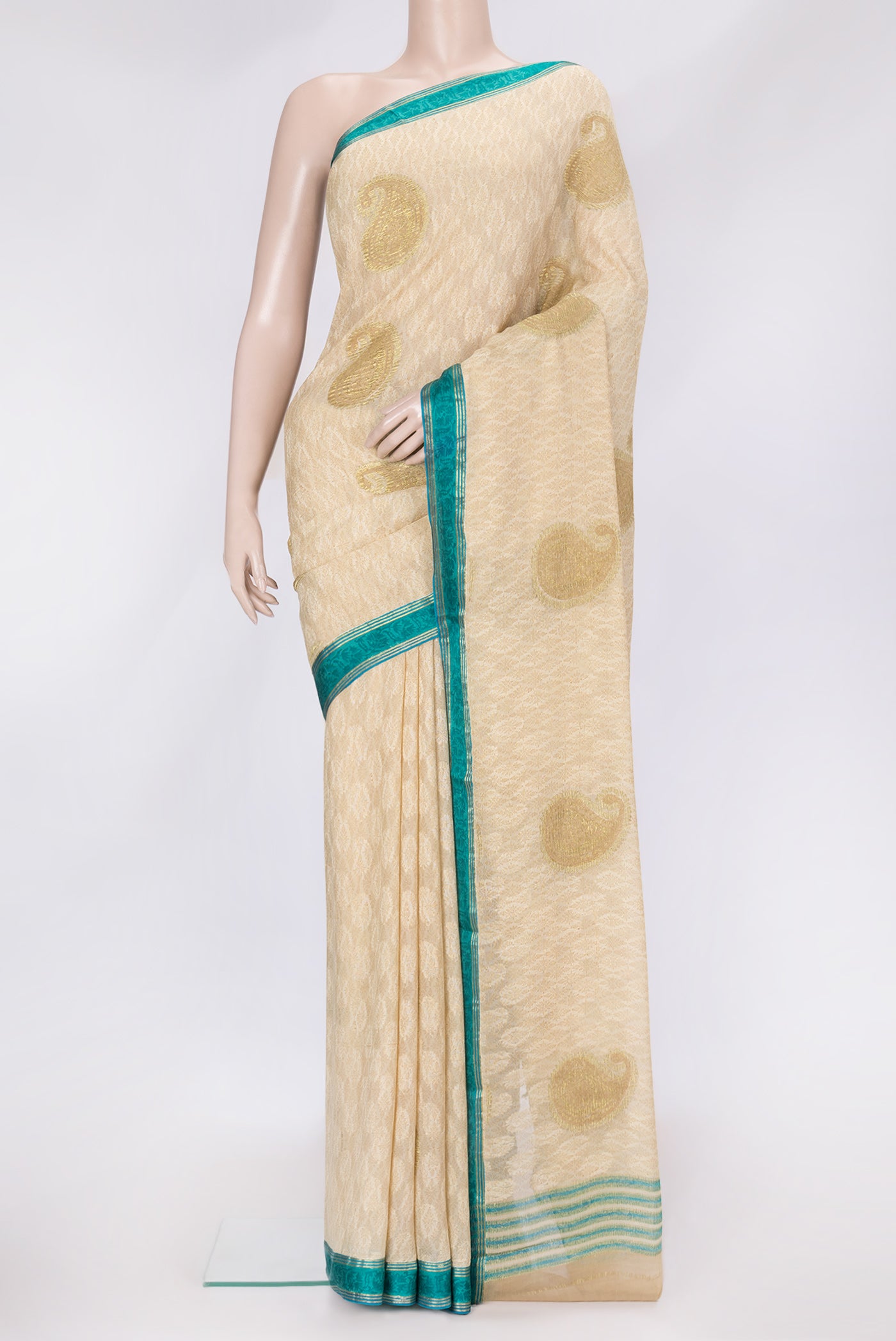 Beige Dual Tone Mysore Georgette Saree with Zari Butta on the body and Zari Border.  displayed on a mannequin