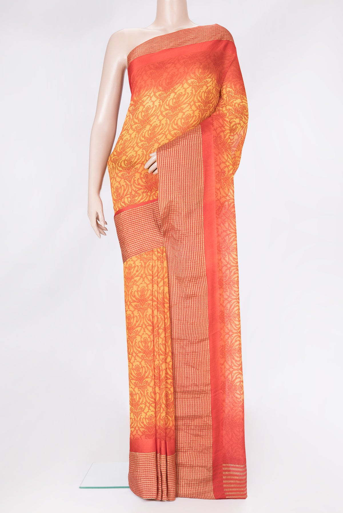 Yellow Dual Tone Mysore Georgette Saree with Printed design on the body and Zari Border.  displayed on a mannequin