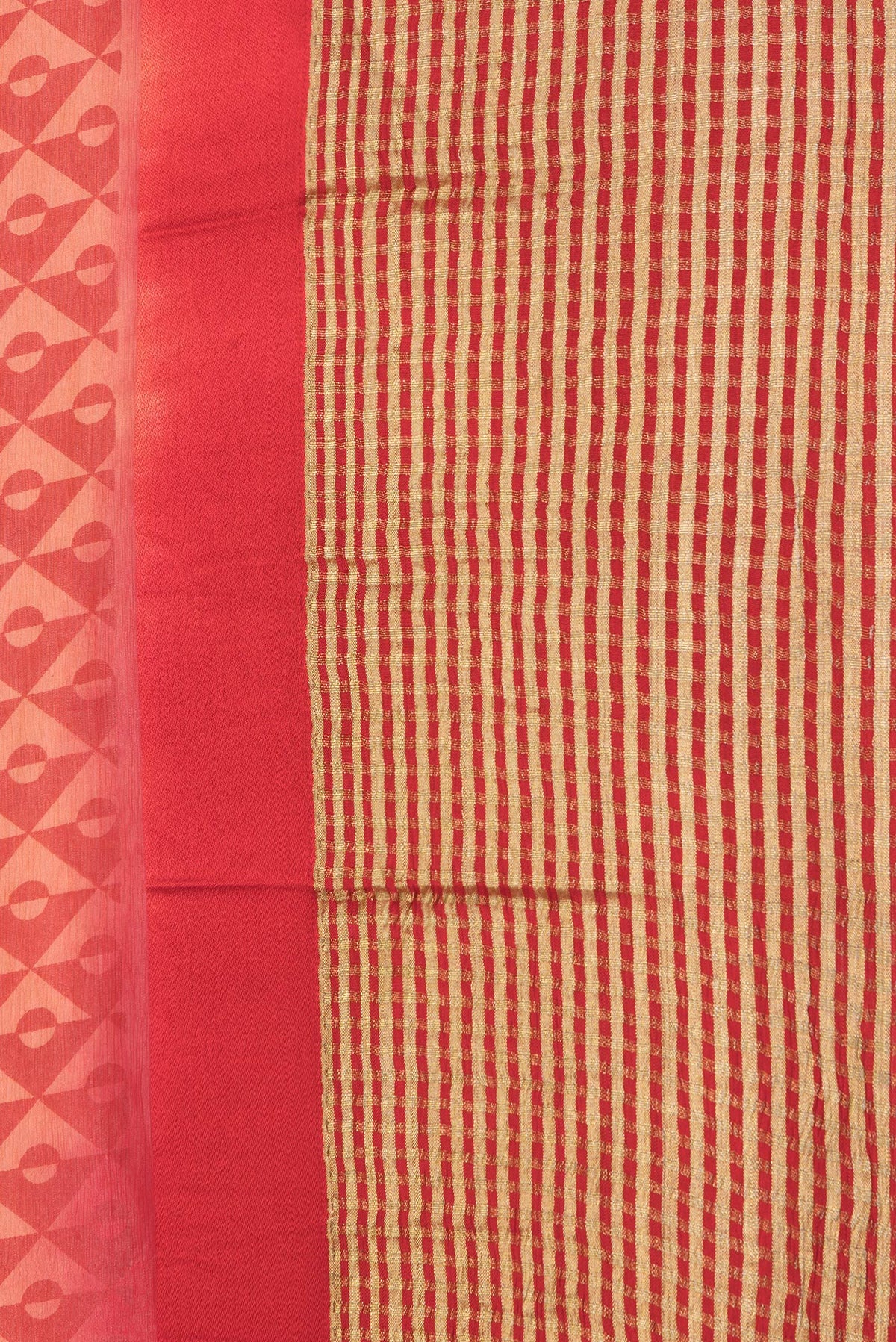 Border image of Red Dual Tone Mysore Chiffon Saree with Printed design on the body and Checks Border. 