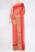 Red Dual Tone Mysore Chiffon Saree with Printed design on the body and Checks Border.  displayed on a mannequin