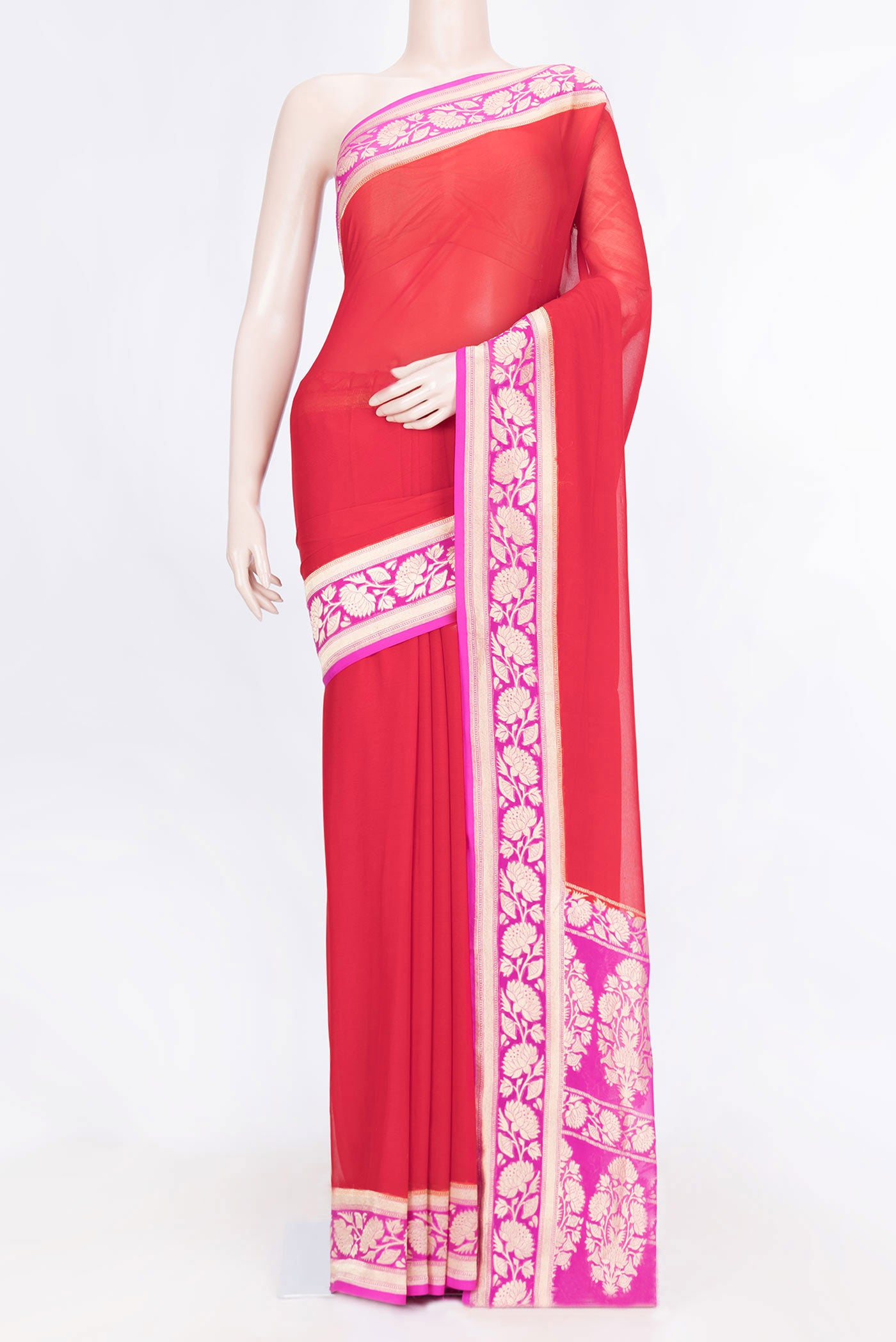 Red Dual Tone Banarasi Georgette Saree with Plain Body and Zari Border displayed on a mannequin