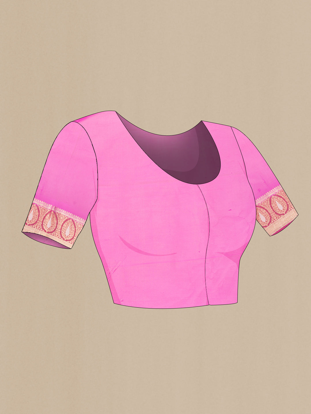 Close up image of the blouse of Pink Dual Tone Mysore Georgette Saree with Zari Butta on the body and Thread Border. 