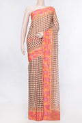Beige Dual Tone Mysore Georgette Saree With Printed design on the body and Zari Border displayed on a mannequin