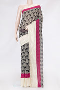 Black Dual Tone Mysore Georgette Saree with Printed design on the body and Zari Border.  displayed on a mannequin