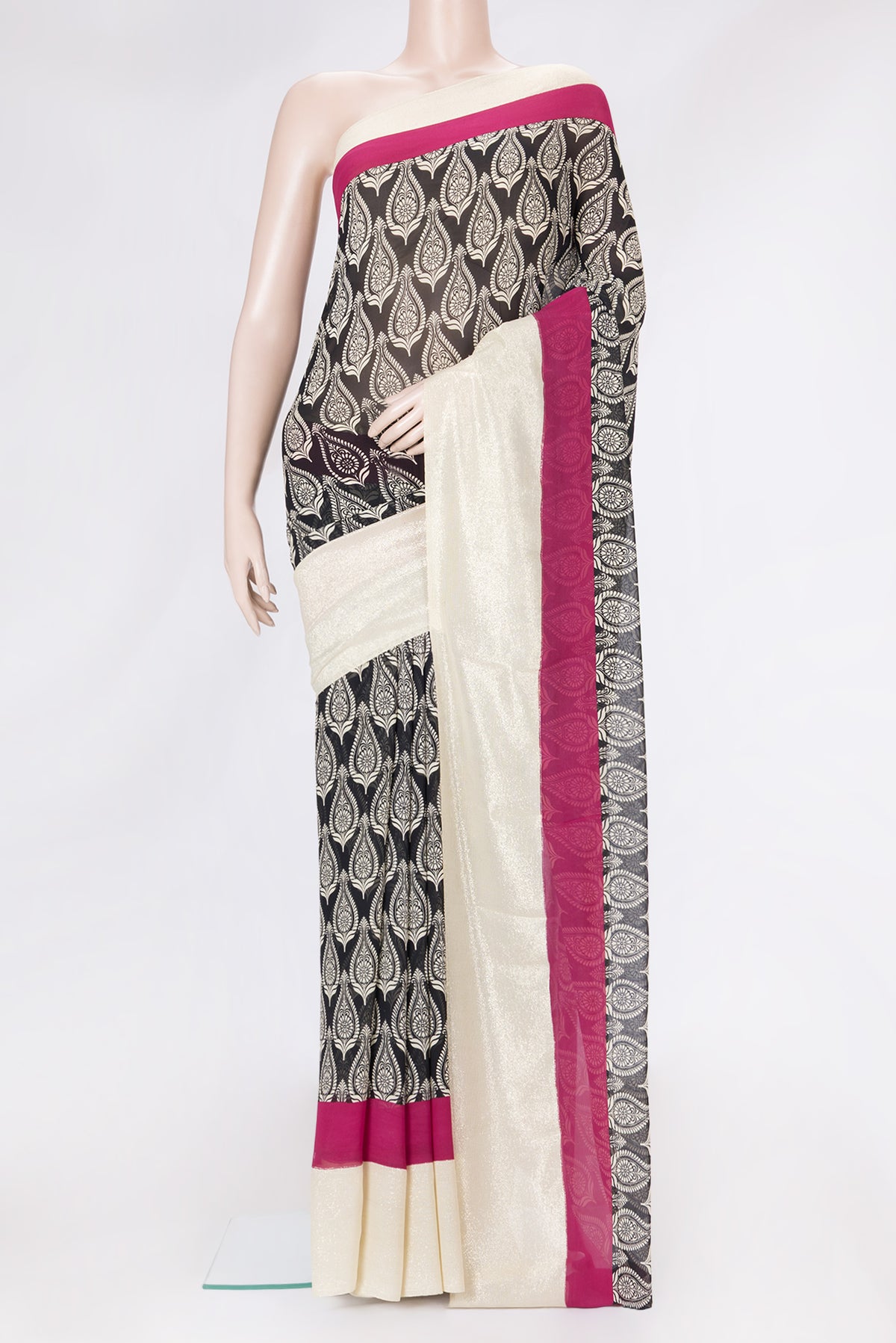 Black Dual Tone Mysore Georgette Saree with Printed design on the body and Zari Border.  displayed on a mannequin