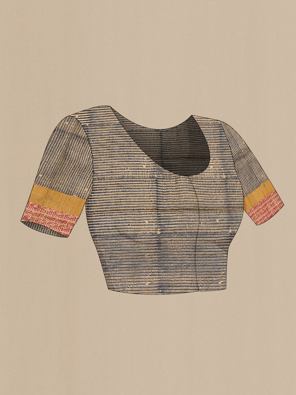 Close up image of the blouse of Mustard Tussar Silk Saree with Printed design on the body and Fancy Border. 