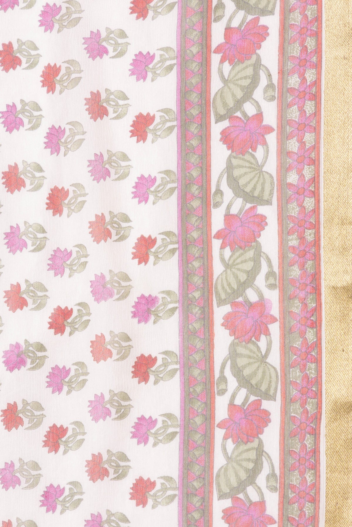 Border image of Beige Dual Tone Chiffon Saree with Printed design on the body and Zari Border. 