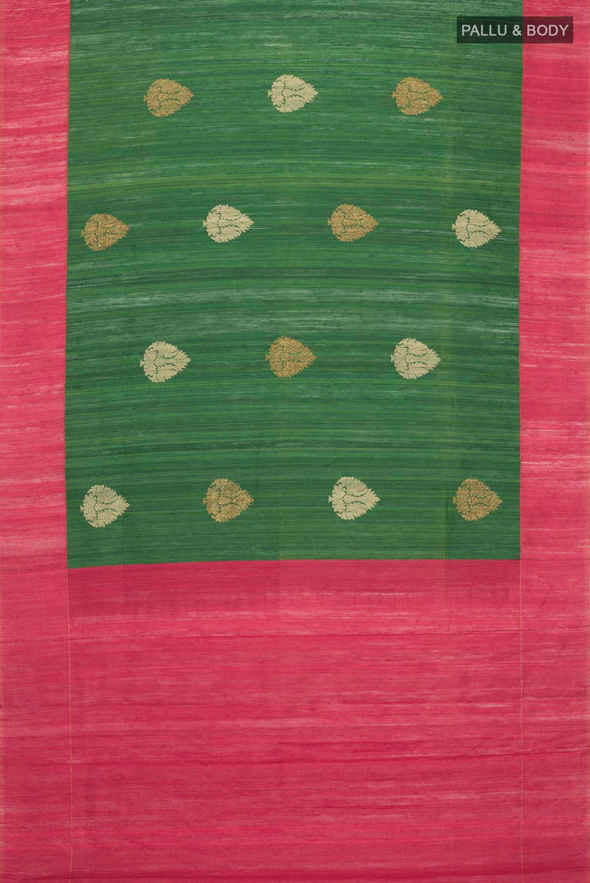 Flat view of Green Bhagalpuri Tussar Silk Saree with Zari Butta on the body and Plain Border
