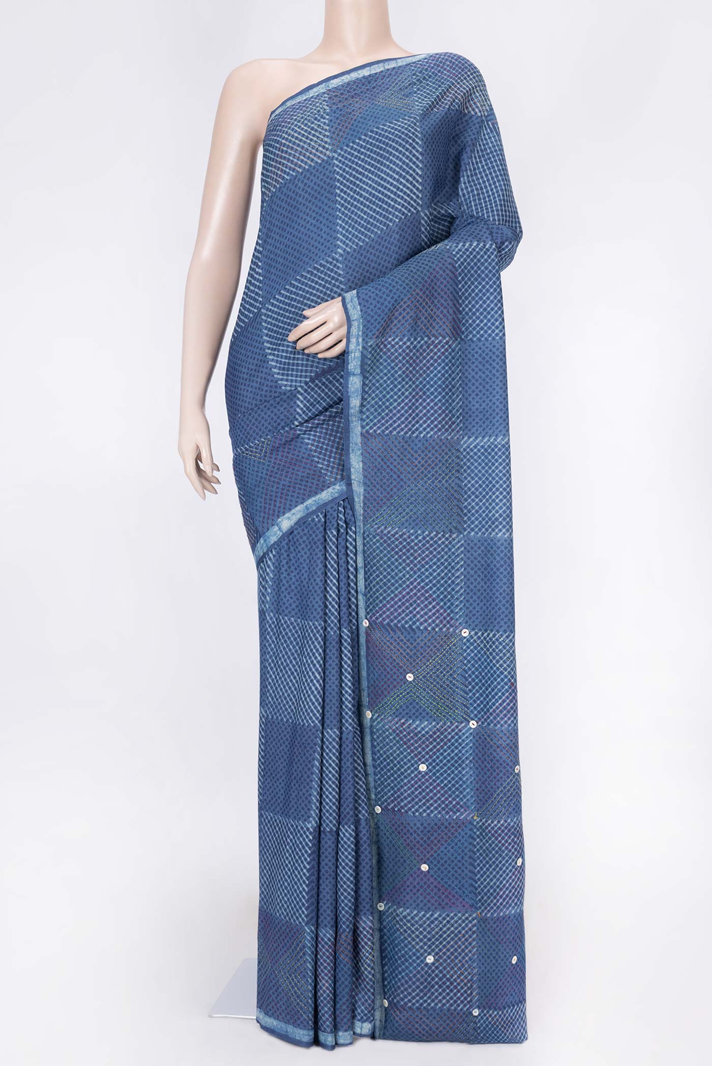 Blue Dual Tone Tussar Silk Saree with Printed design on the body and Printed Border displayed on a mannequin