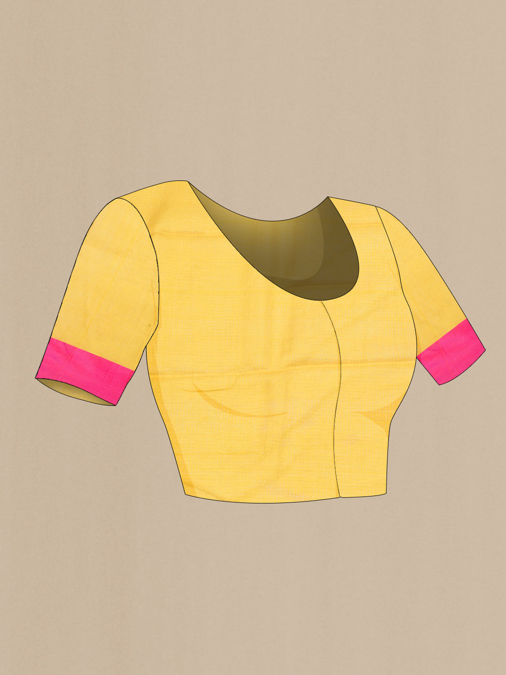 Close up image of the blouse of Yellow Kota Silk Saree with Zari Brocade on the body and Ganga Jamuna Border. 