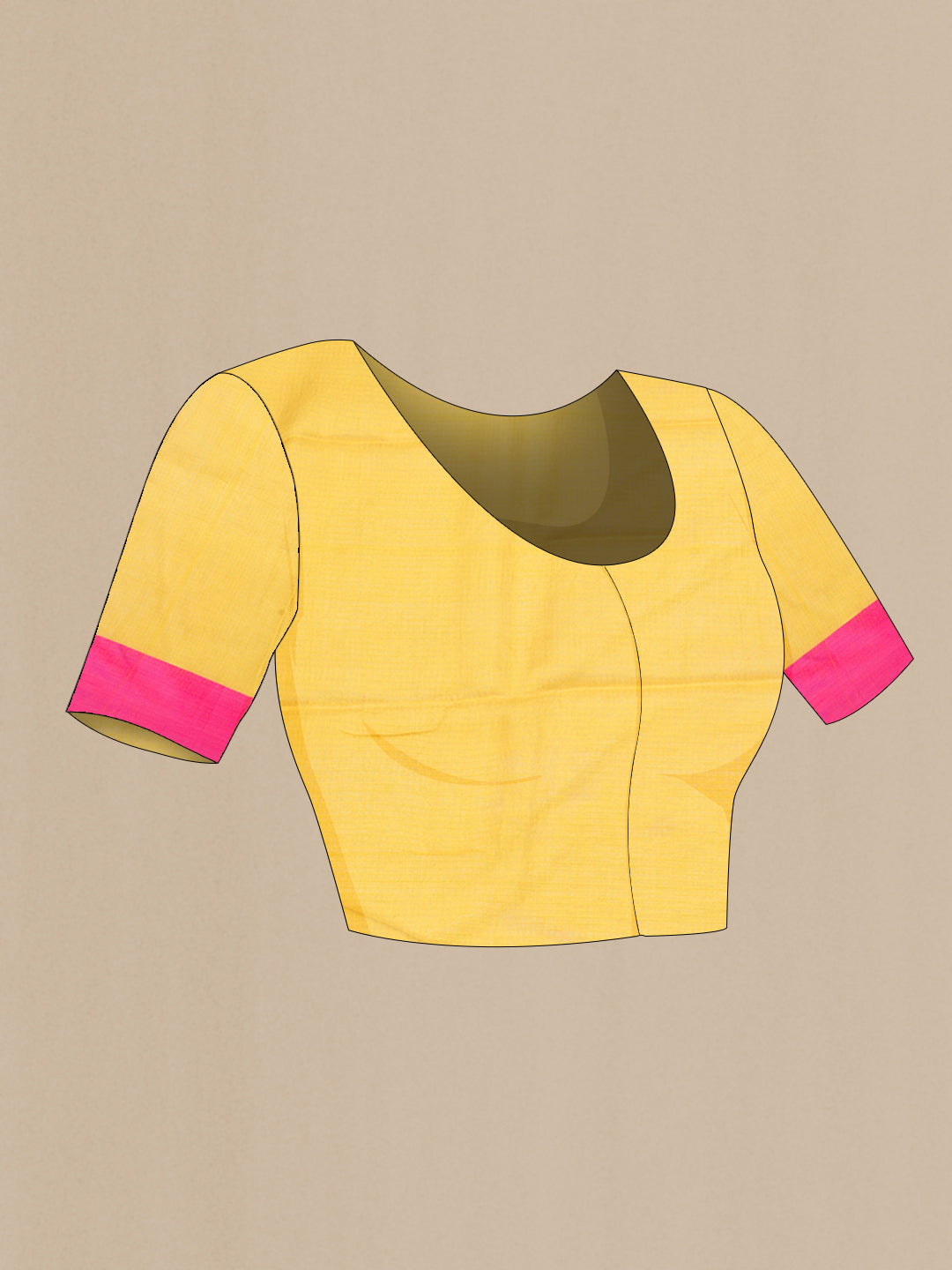 Close up image of the blouse of Yellow Kota Silk Saree with Zari Brocade on the body and Ganga Jamuna Border. 