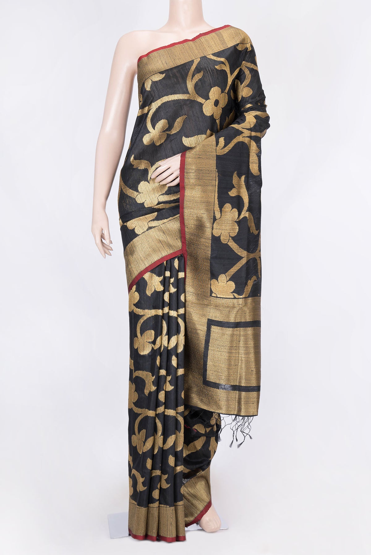 Black Dual Tone Raw Silk Saree with Zari Brocade on the body and Zari Border displayed on a mannequin