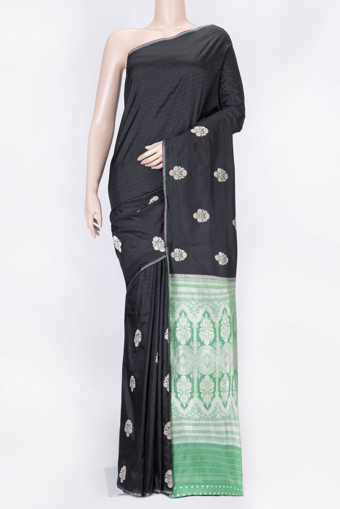 Black Dual Tone Banarasi Saree with Zari Butta on the body and Without Border displayed on a mannequin