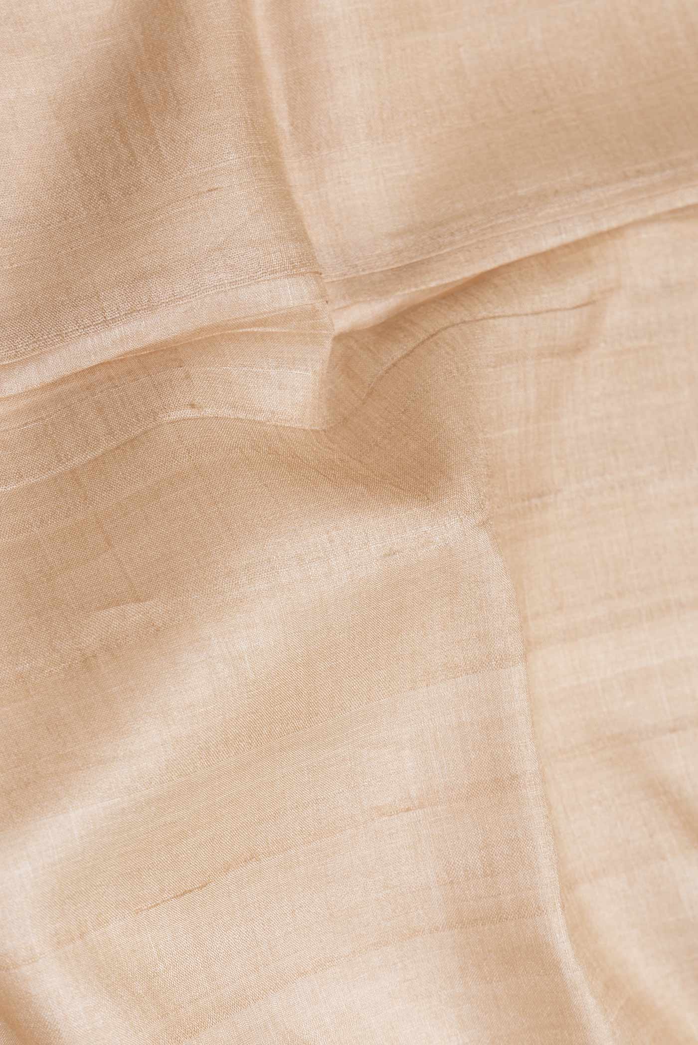 Close up of Beige Dual Tone Tussar Saree with Plain Body and Printed Border.  displaying folds