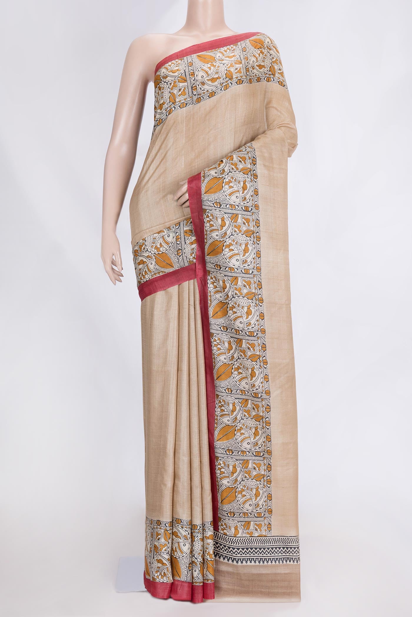 Beige Dual Tone Tussar Saree with Plain Body and Printed Border.  displayed on a mannequin