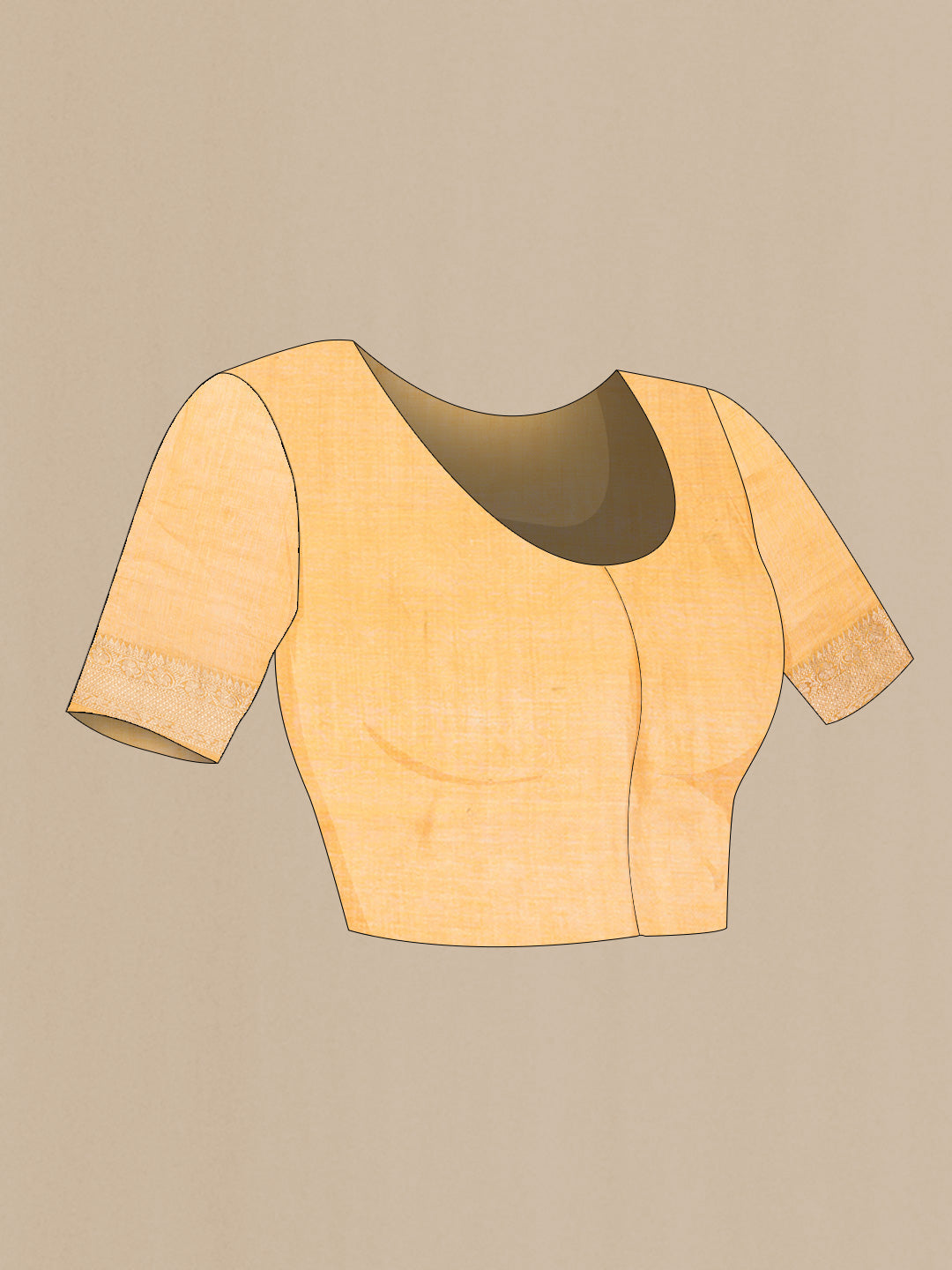Close up image of the blouse of Yellow Dual Tone Linen Saree with Printed design on the body and Zari Border