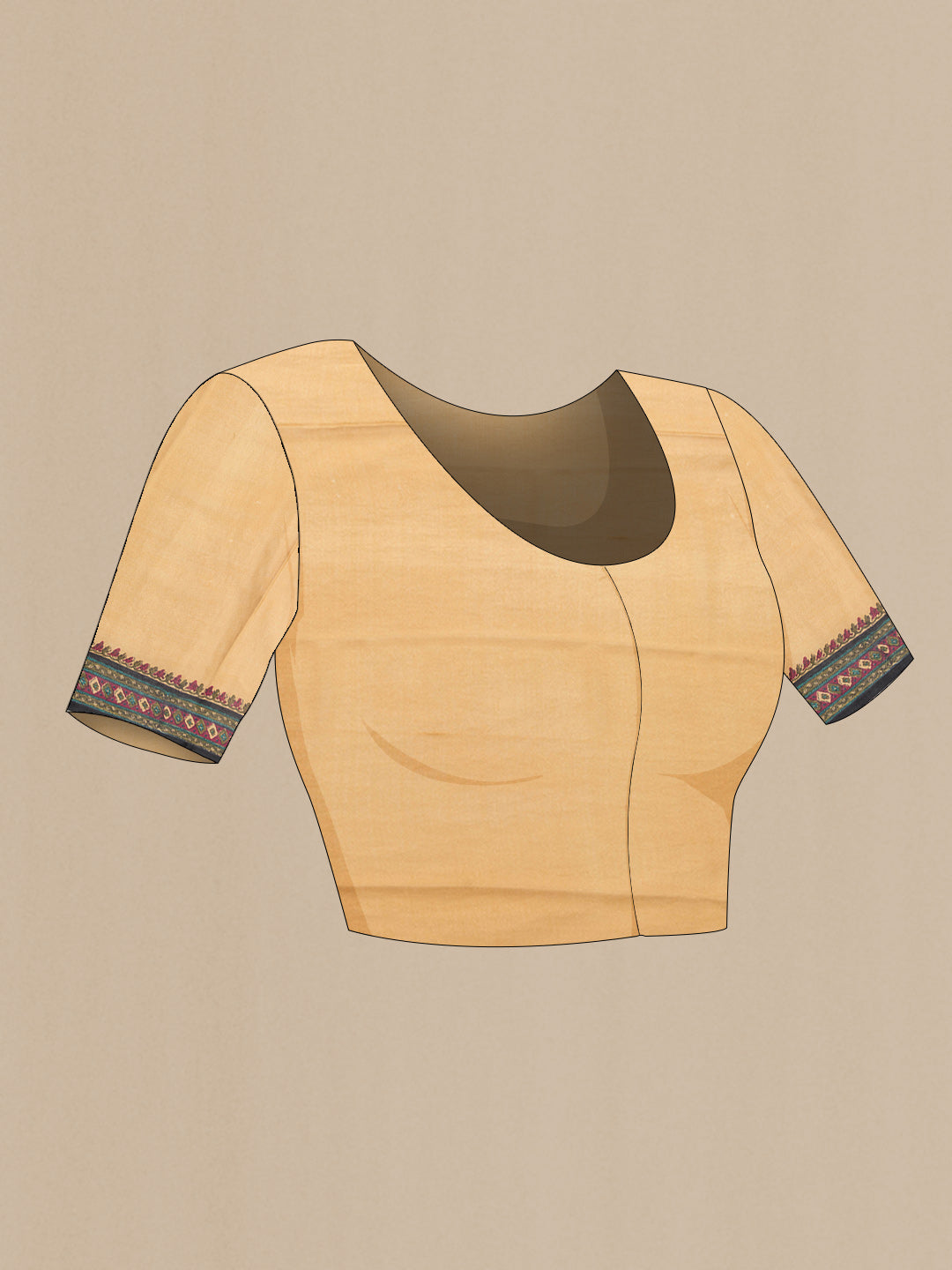 Close up image of the blouse of Sandal Dual Tone Crepe Saree with Printed design on the body and Printed Border. 