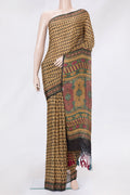 Sandal Dual Tone Crepe Saree with Printed design on the body and Printed Border.  displayed on a mannequin