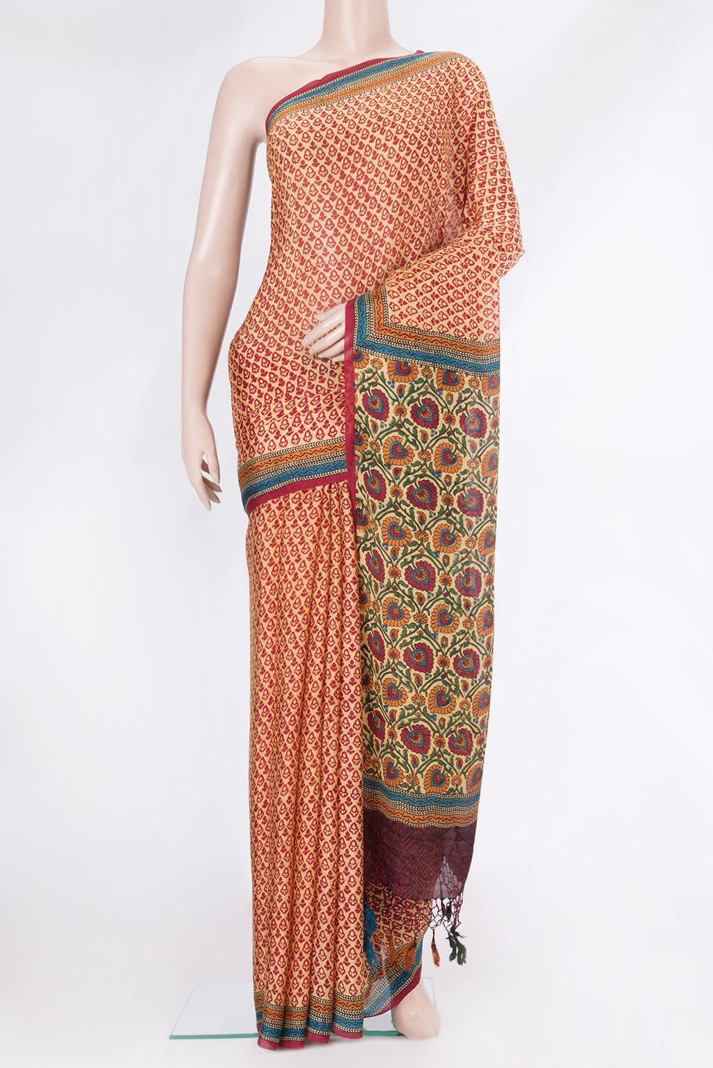 Sandal Dual Tone Mysore Crepe Saree with Printed design on the body and Printed Border.  displayed on a mannequin