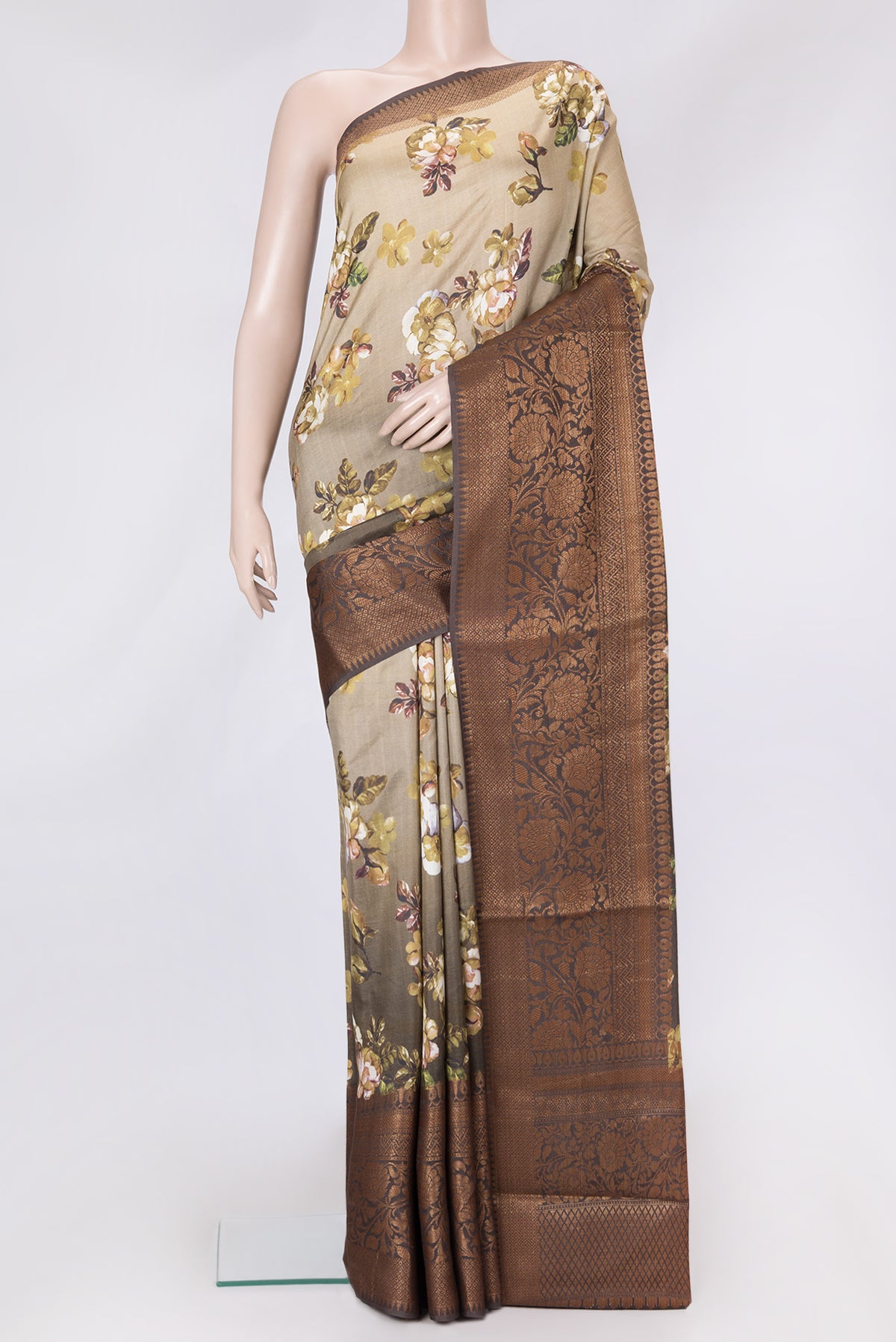 Mehandi Green Dual Tone Tussar Silk Saree with Printed design on the body and Zari Border.  displayed on a mannequin